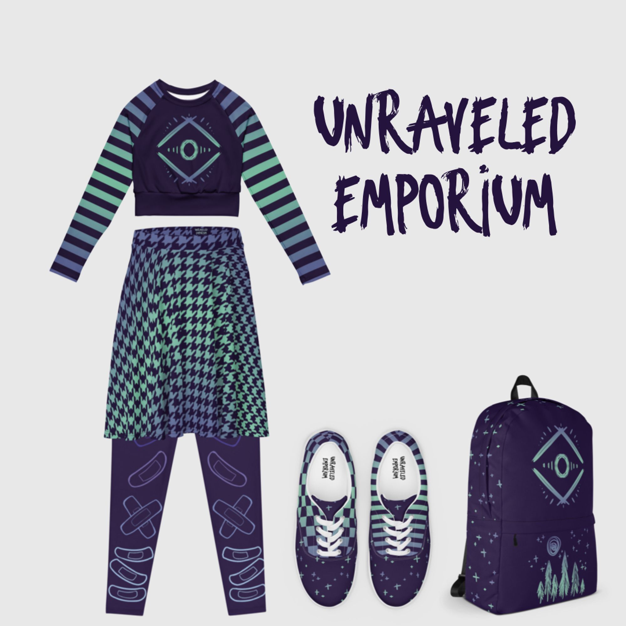 Clothing items. The skirt is houndstooth patterned, and features dark purple, lavender and mint colors. The crop top, shoes, and backpack are similarly colored with sketchy designs. The leggings are purple with cool colored bandages on them. Text reads "Unraveled Emporium"