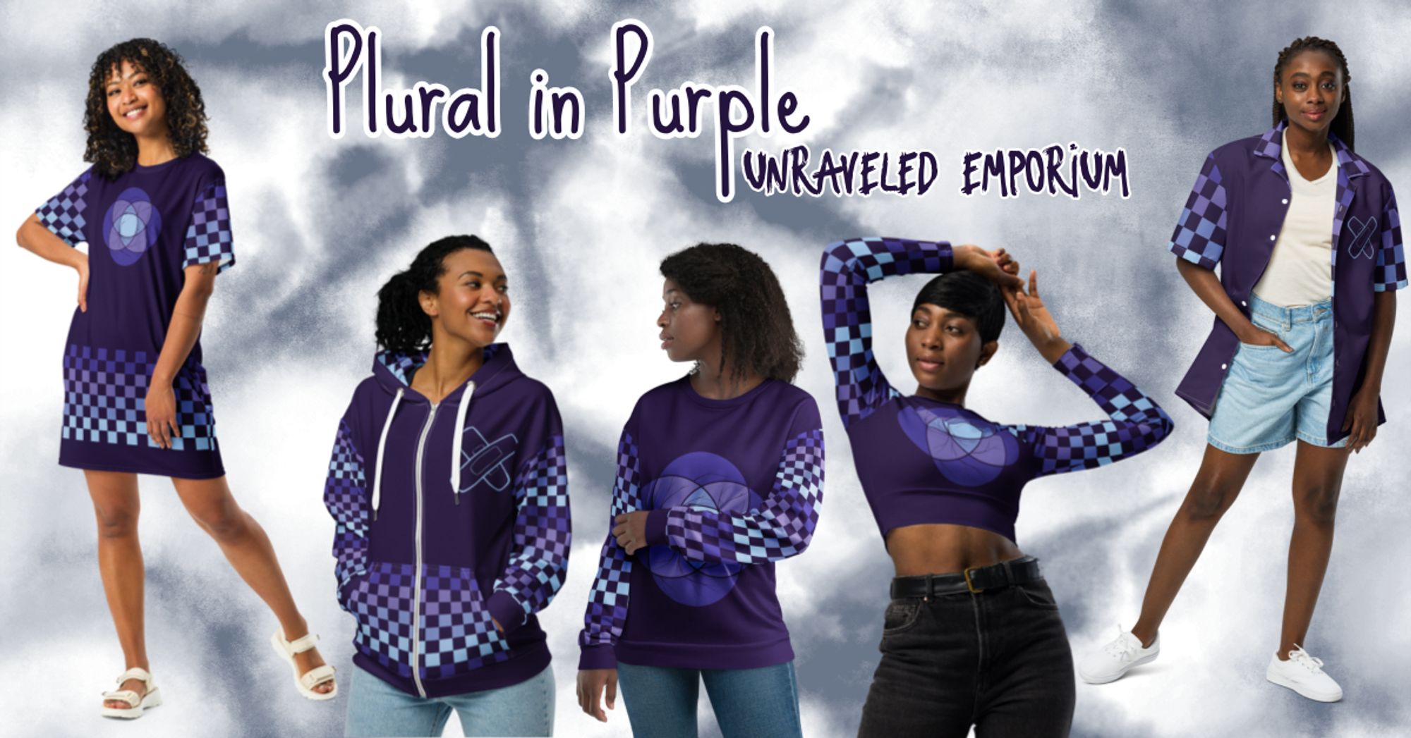 Items of clothing in purple on models. They feature checkered patterns, a plural symbol, and bandage drawings.