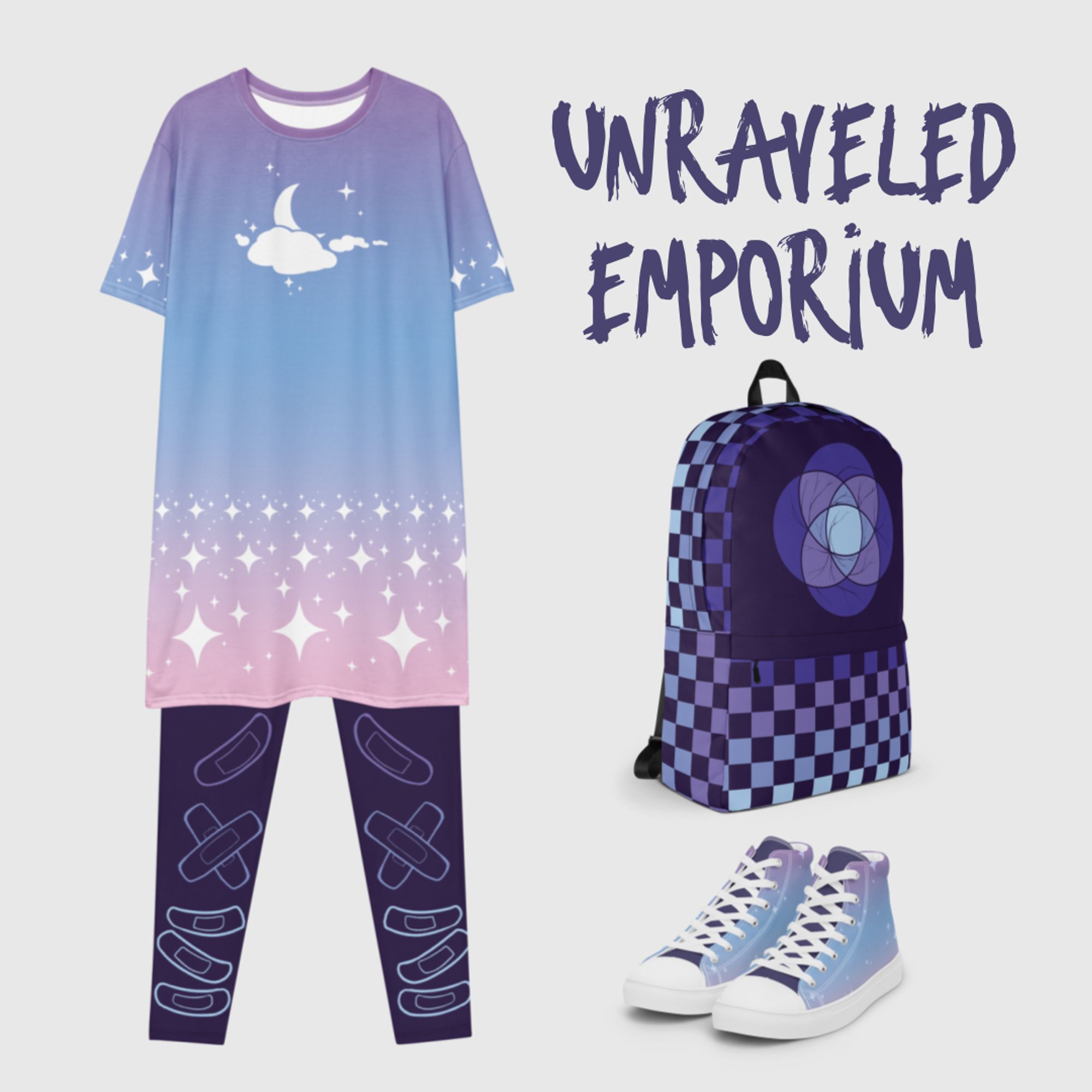 Clothing items and text that reads "Unraveled Emporium." The dress is purple, blue, and pink gradient with white designs of the moon, clouds and stars. The leggings and backpack are purple with a cool gradient and plural or bandage designs. The shoes match the dress.