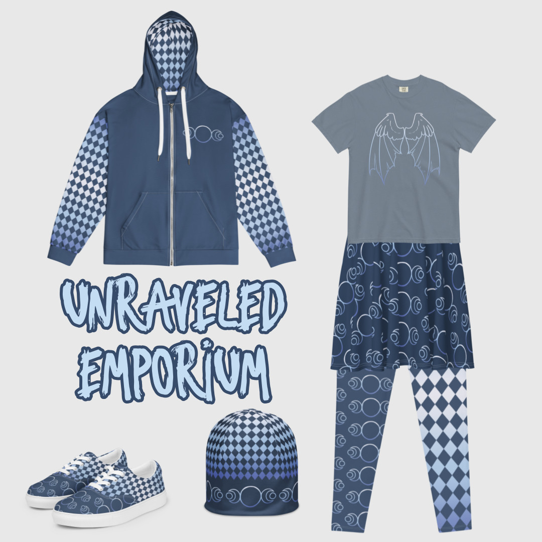 Clothing items in icy blue colors with a moon motif, as well as dragon wings and a diamond pattern.