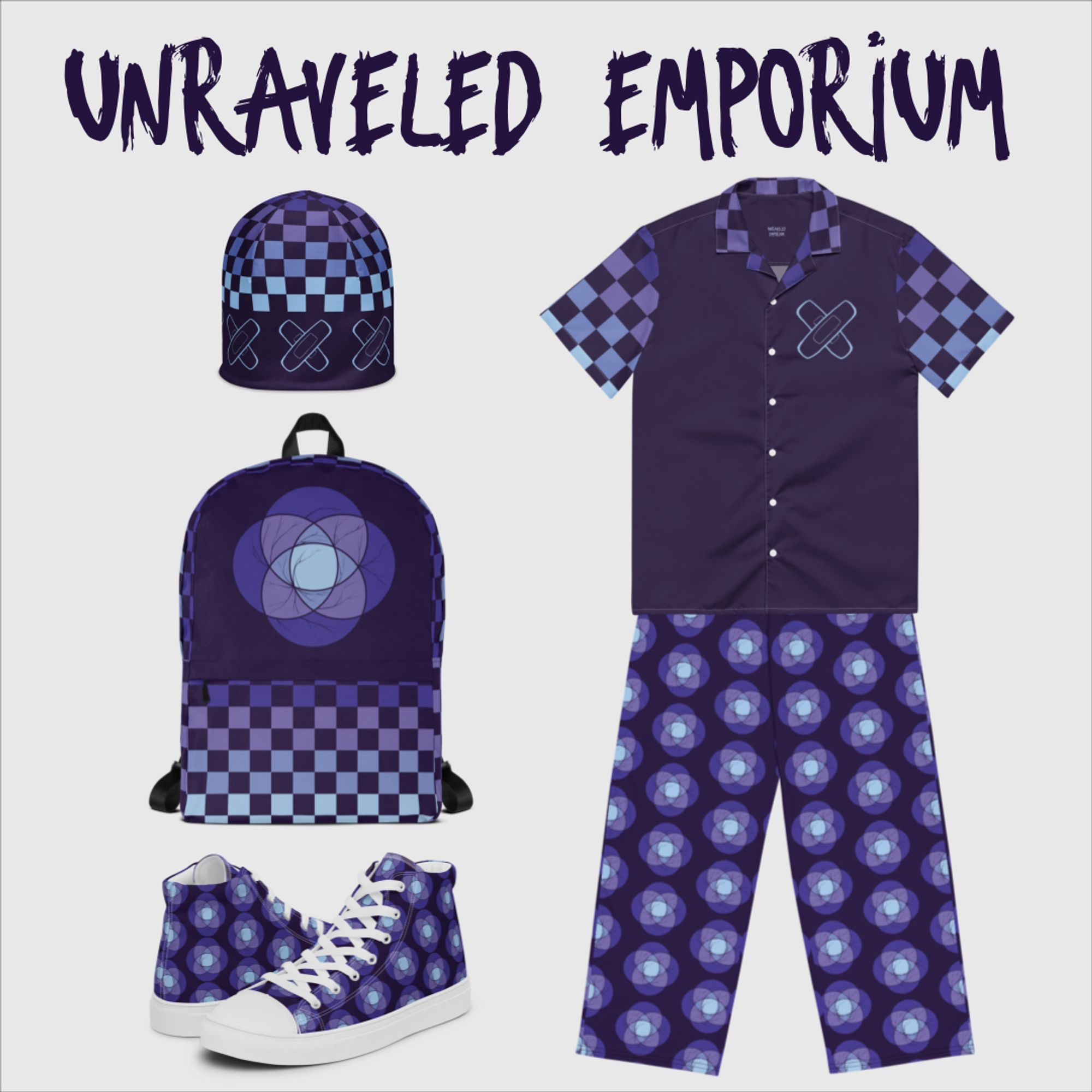 Purple and cool blue clothing items with a plural symbol and drawn bandages on it.