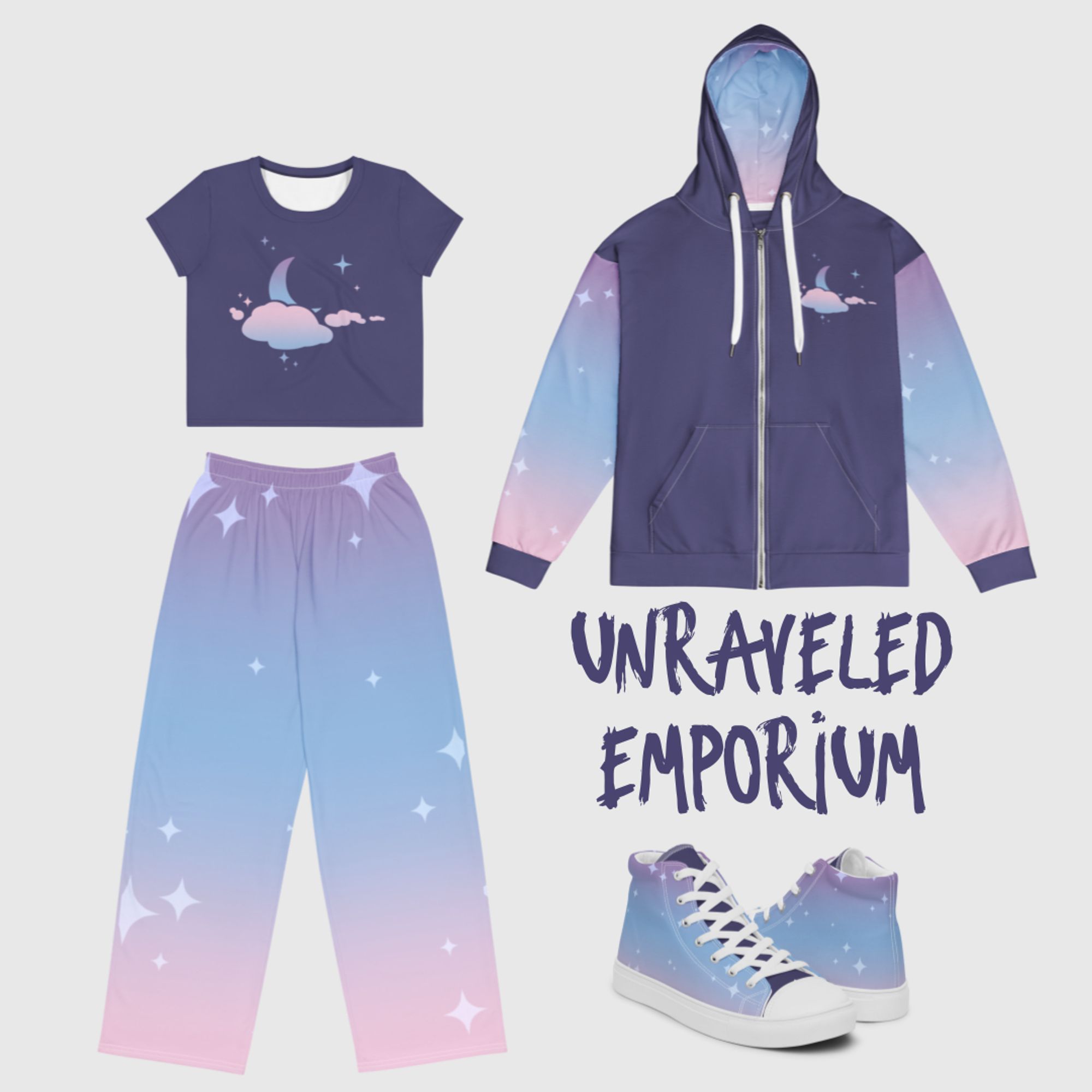 Clothing items and text that reads 'Unraveled Emporium.' The clothing features sky, cloud, and moon designs in dusky purple and pastel purple, blue and pink.