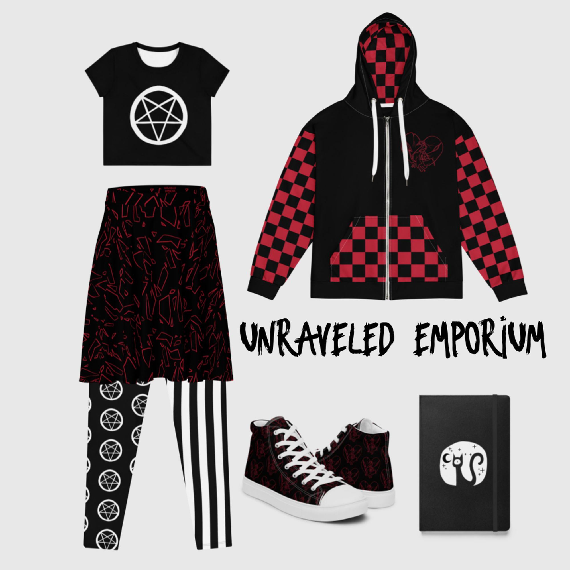 Clothing items. The crop top and leggings are black and white and feature pentagram designs. The skirt is black with red shattered glass designs. The shoes are black with red broken hearts. The hoodie is black and red with checkers and a broken heart. The journal is black and white with a one eyed cat on it. Text reads "Unraveled Emporium"