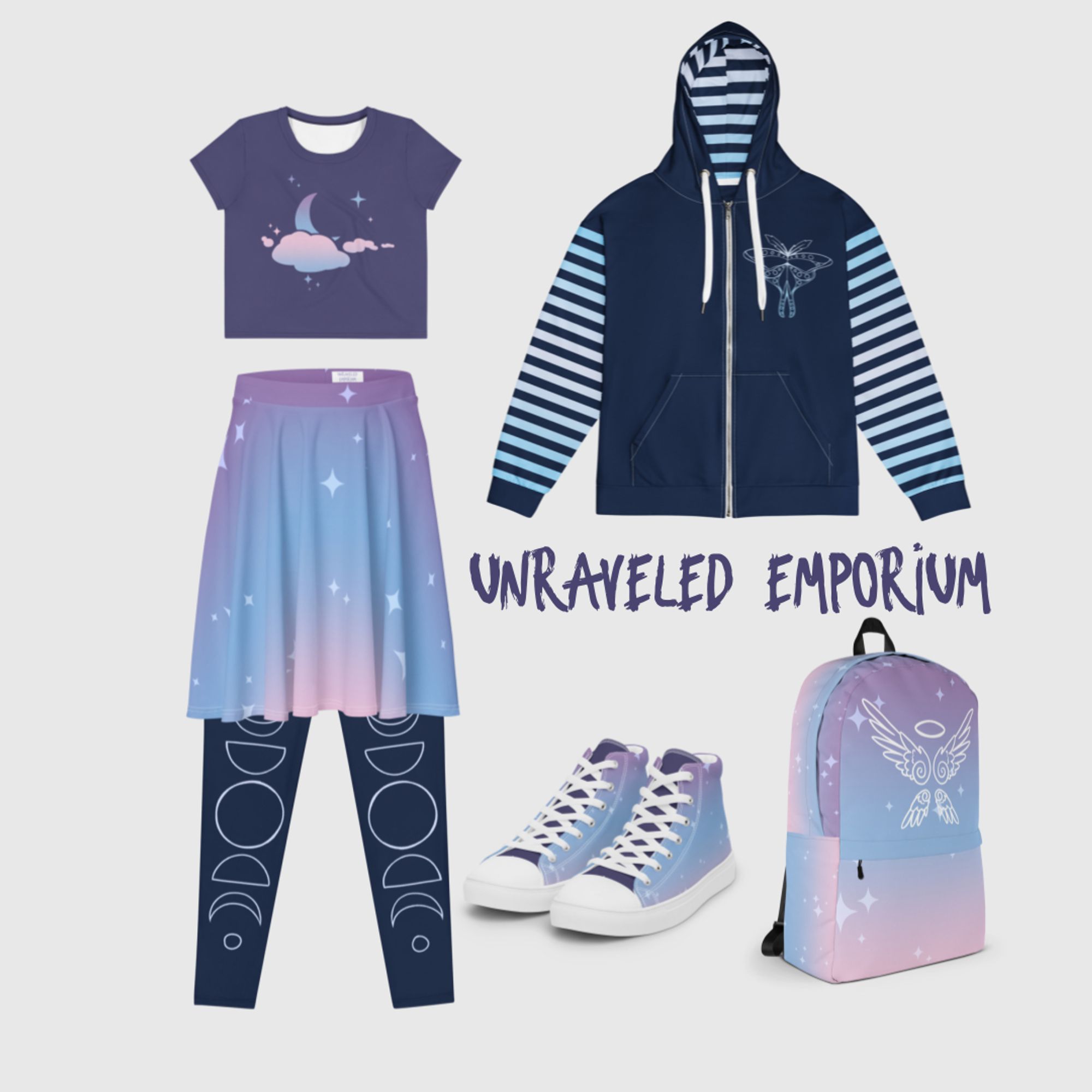 Text reads 'Unraveled Emporium'. Leggings are blue with moon phases. Backpack, shoes, and skirt feature a pastel purple, blue, and pink gradient and angelic sky designs. The crop top is dusky purple with pastel moon and clouds. The hoodie is shades of blue with striped sleeves and a moon moth design.