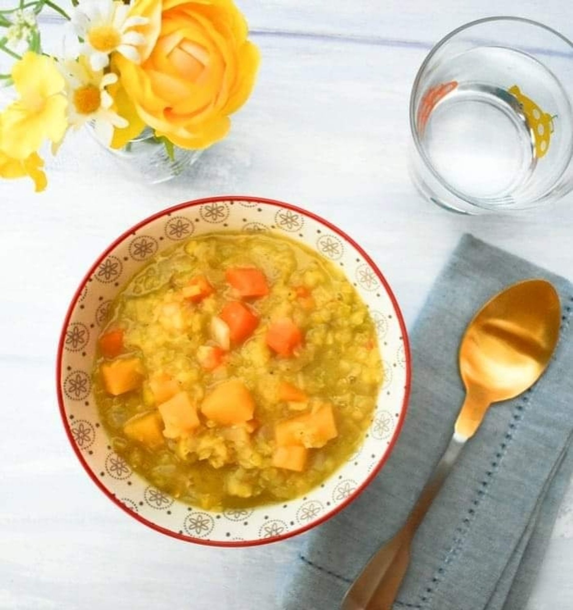 Chunky lentil soup in a bowl.