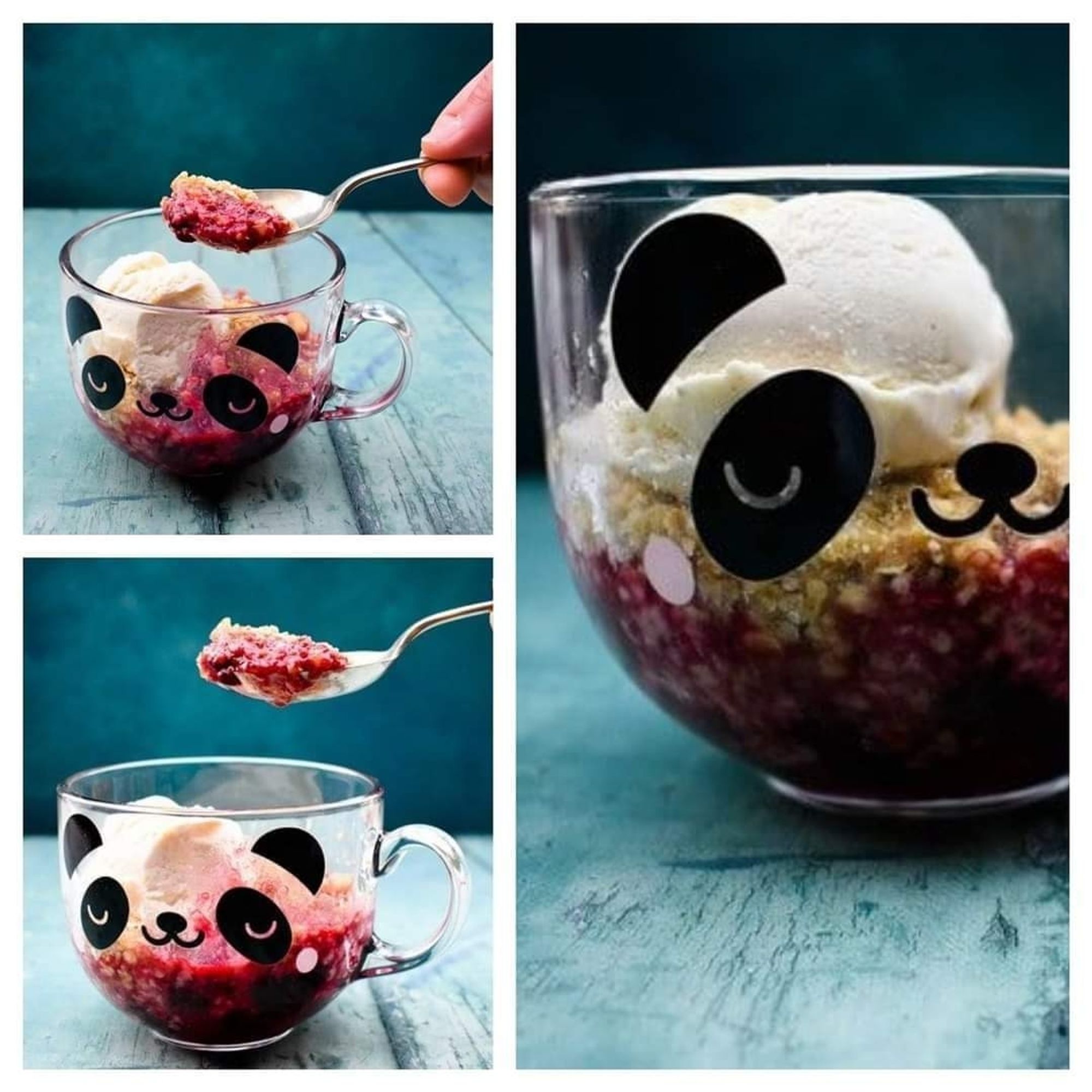 Blackberry Crumble in a clear mug topped with a scoop of vanilla ice cream.