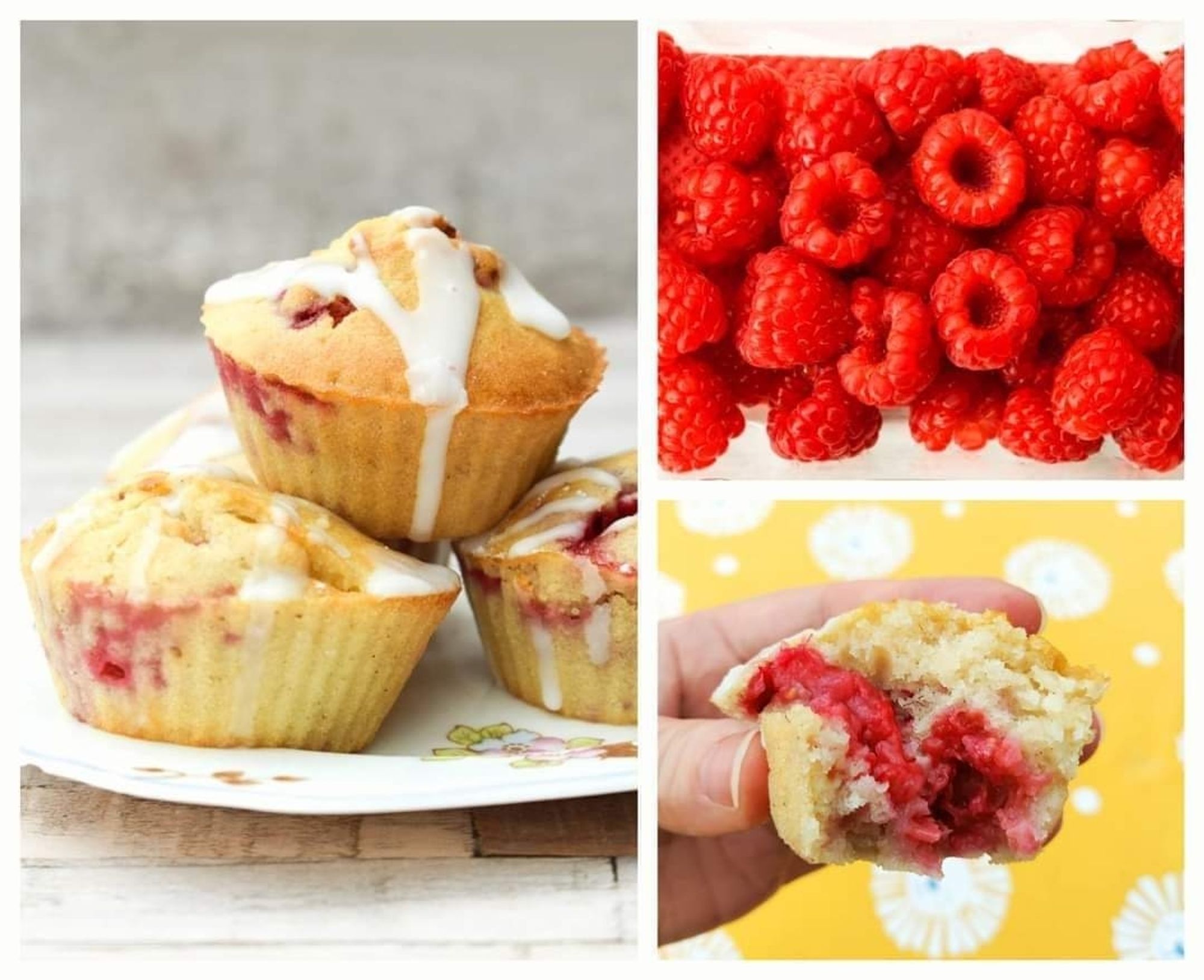 Vanilla and raspberry muffins topped with a drizzle of icing, a batch of fresh raspberries and the inside of a muffin showing a splodge of raspberry through it and how fluffy it is.