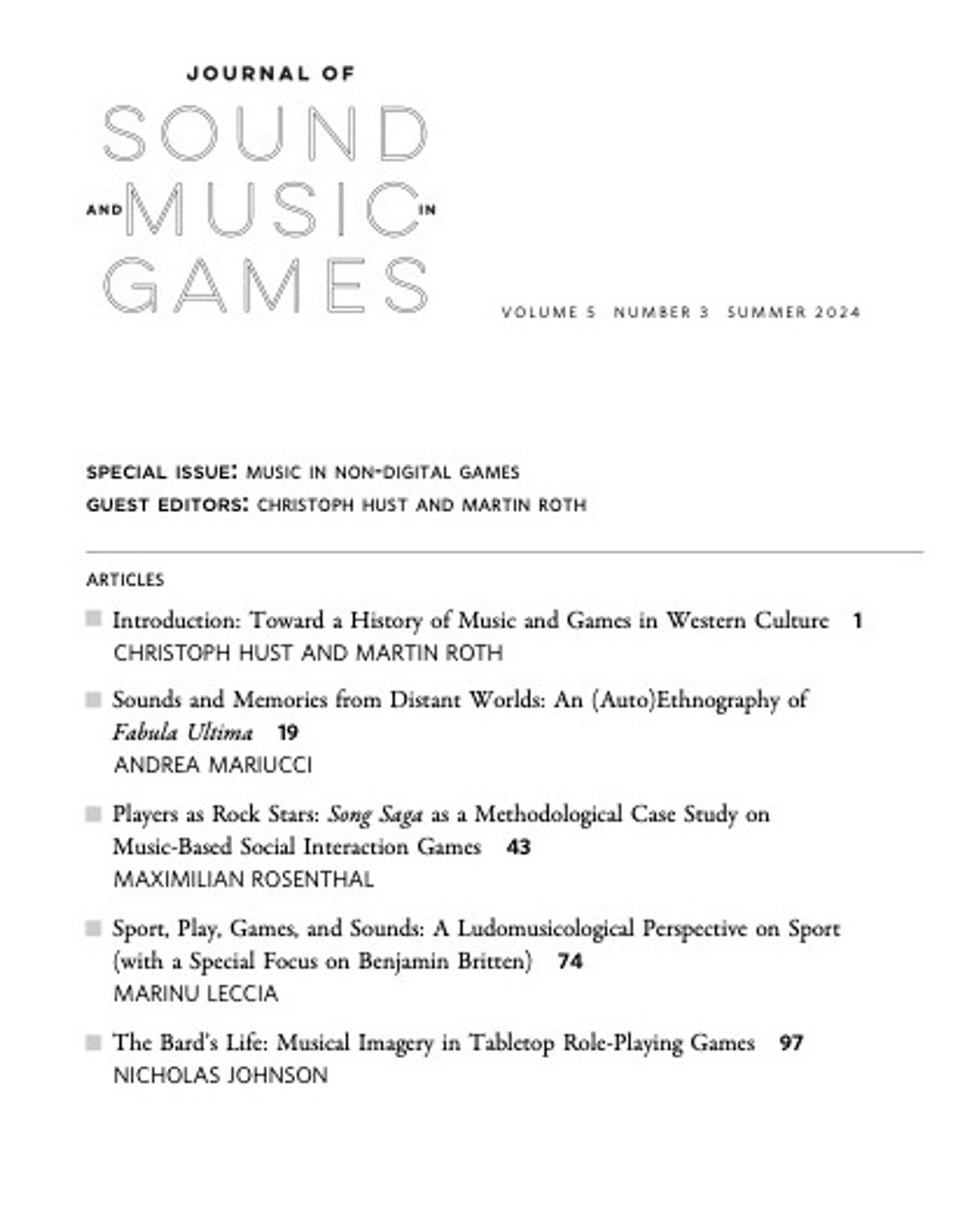 Introduction: Toward a History of Music and Games in Western Culture 1
CHRISTOPH HUST AND MARTIN ROTH
n Sounds and Memories from Distant Worlds: An (Auto)Ethnography of
Fabula Ultima 19
ANDREA MARIUCCI
n Players as Rock Stars: Song Saga as a Methodological Case Study on
Music-Based Social Interaction Games 43
MAXIMILIAN ROSENTHAL
n Sport, Play, Games, and Sounds: A Ludomusicological Perspective on Sport
(with a Special Focus on Benjamin Britten) 74
MARINU LECCIA
n The Bard’s Life: Musical Imagery in Tabletop Role-Playing Games 97
NICHOLAS JOHNSON