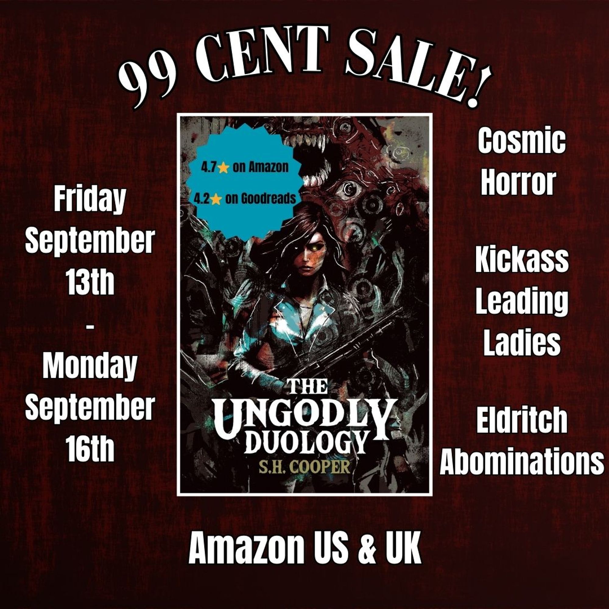 A graphic advertising the 99 cent sale of The Ungodly Duology.