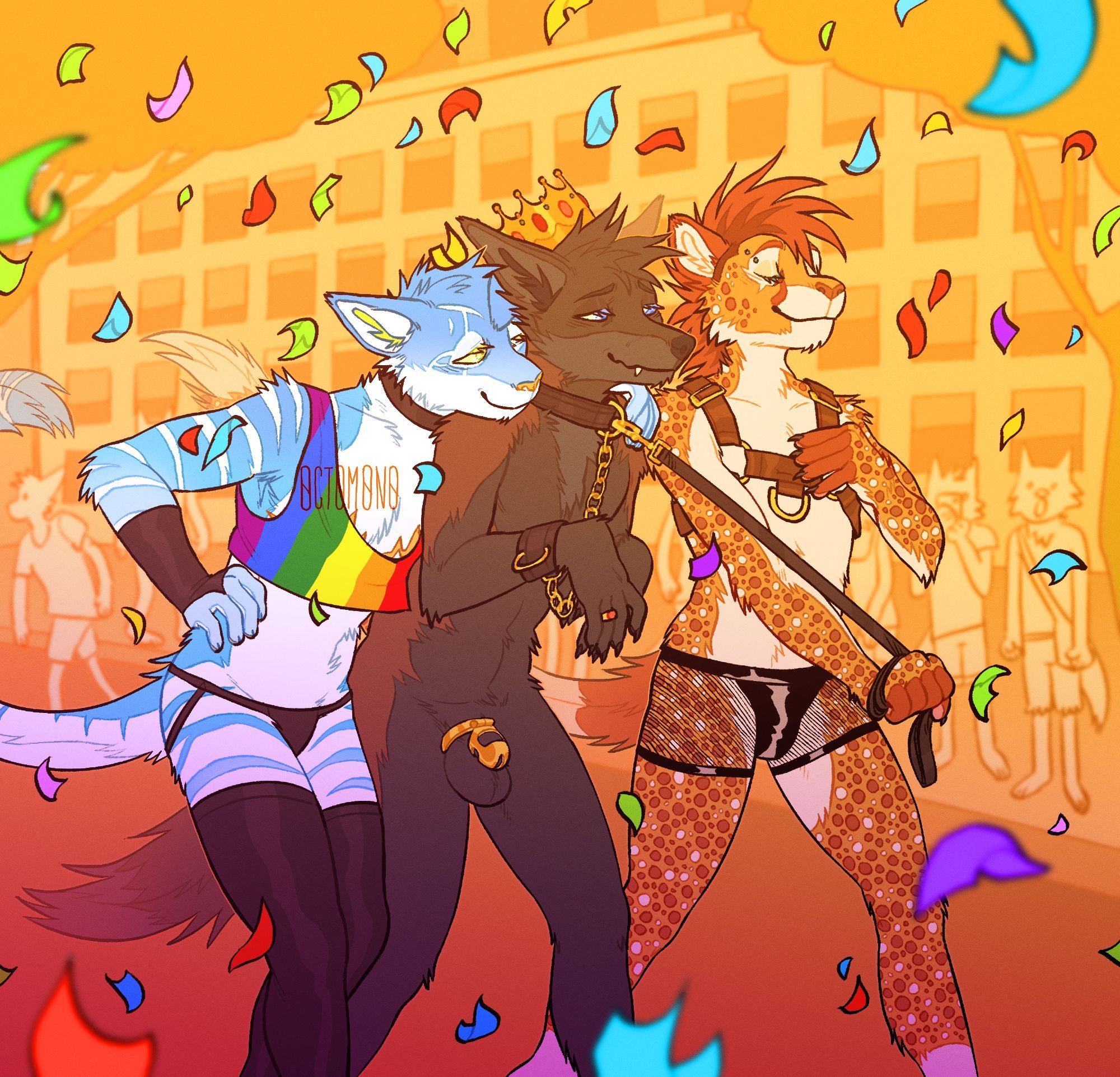 Three anthro characters: a cat, a fox and a cheetah. They're walking down the pride parade wearing respectively: a pride crop tank top and jockstrap with a black arm sleeve, thights and collar; a collar, a king crown and a gold cock cage only; and a chest harness with mesh boxers.
The cheetah is pulling the fox's collar with a leash while the cat has his arm around the fox's shoulder. There's people in the background looking at them, and the picture is full of colorful little papers.