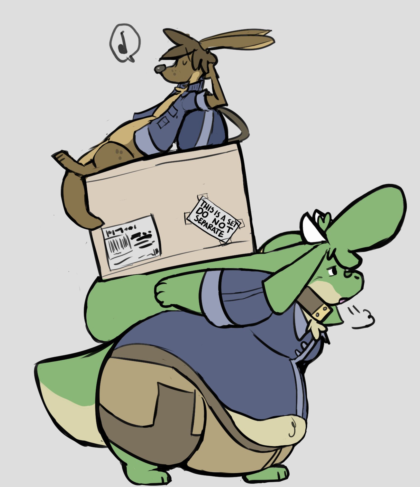 Marmus carrying a heavy-looking box with a sticker reading 'This is a set, do not separate', while Niz sits on top of it