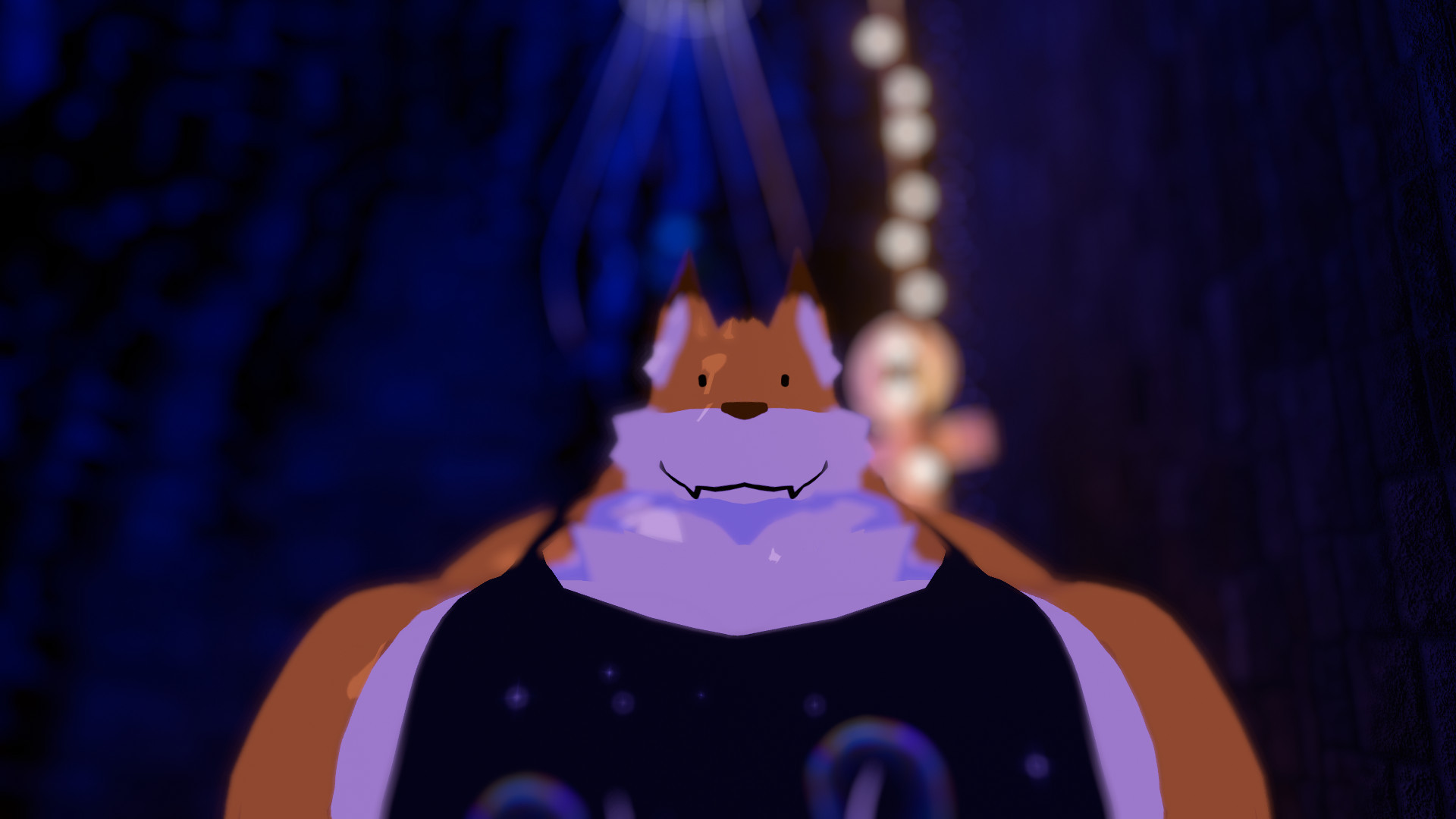 buff wide fox in a tanktop in a blueish hint dimly lit room