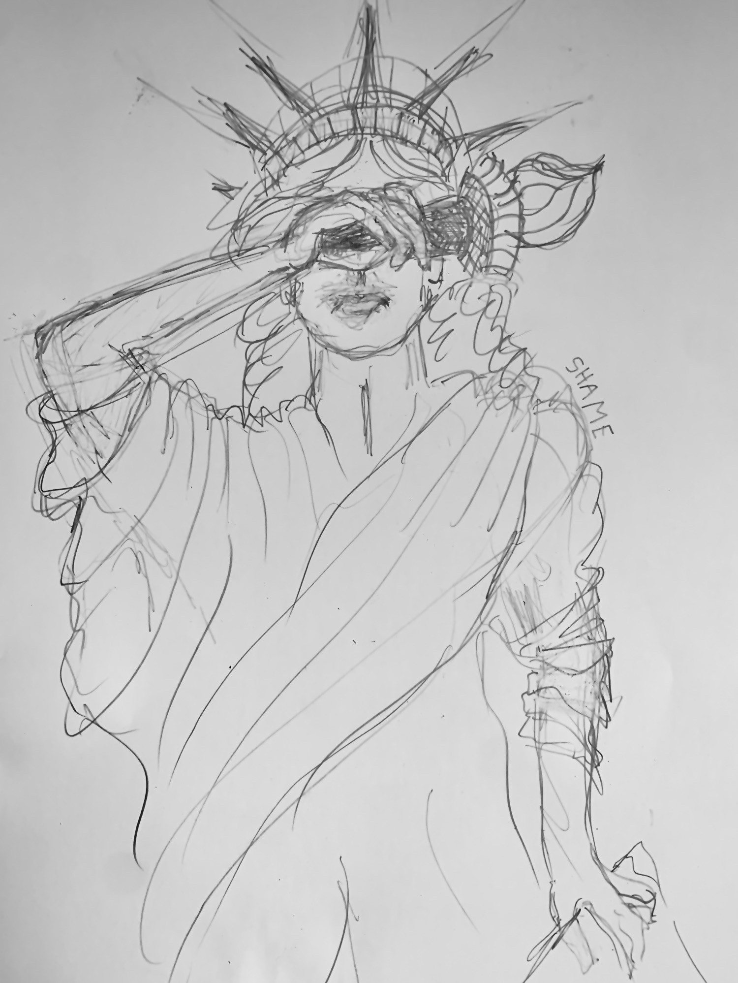 Lady Liberty is humiliated and embarrassed and is covering her eyes and dropping her tablet.