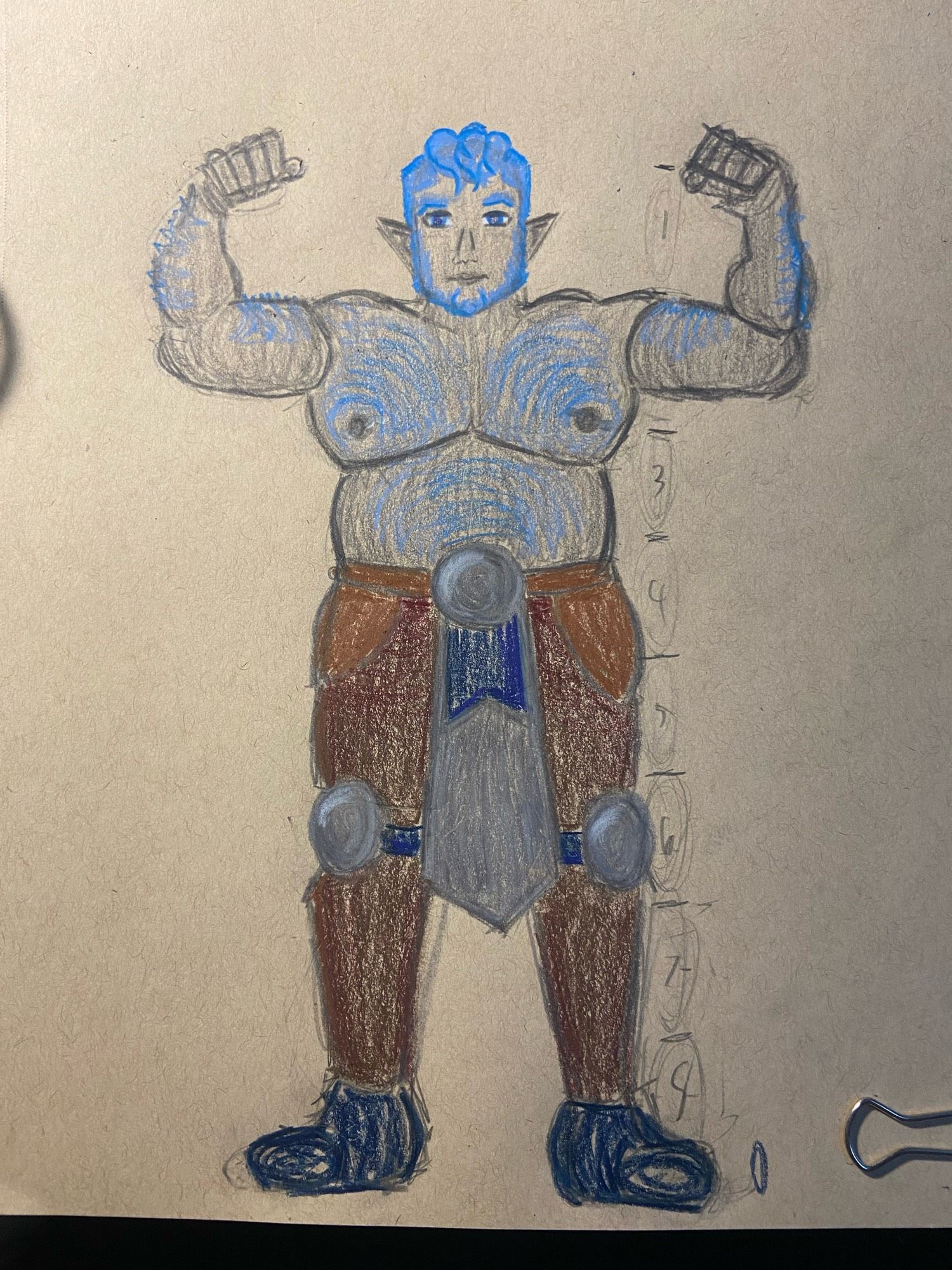 Genasi man with stone grey skin. His hair is blue, and he wears no shirt. His chest is hairy, and his nipples are pierced. He wears brown slacks with silver knee pads. Around his waist he wears a decorative length of silver cloth. He is flexing his arms