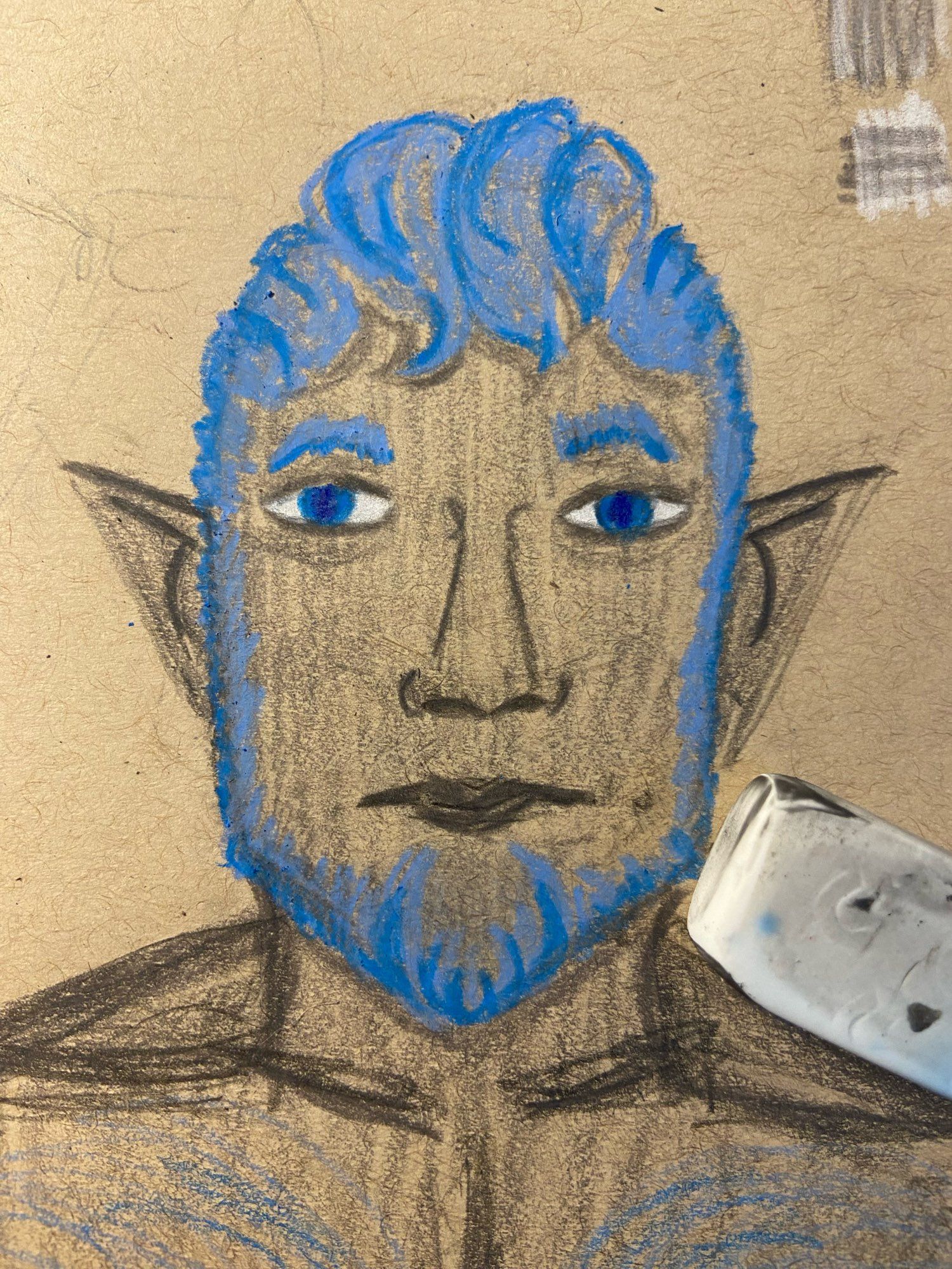 Pencil illustration of a man with stone grey skin and blue hair and eyes. His hair is light blue with a slightly darker blue around the edges to give the illusion of depth. This illustration shows a bit of his chest, where you can see some chest hair. His ears are pointed upward similar to an elf’s,