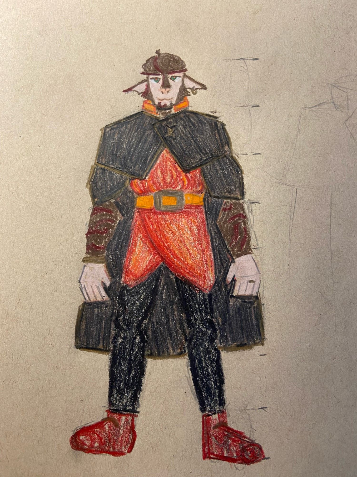 Bugbear man with pointed ears and brown fur, he wears a black cloak with gold trim and black slacks. Under the cloak is red-orange robes and an orange belt with a gold buckle. The fur on his arms is striped, reminiscent of a tiger.