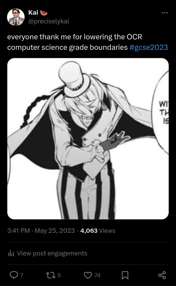 one of my tweets. It shows bungo stray dogs character nikolai Gogol (a clown) bowing.
Text reads: everyone thank me for lowering the OCR computer science grade boundaries