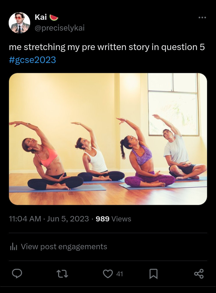 Four people doing Yoga or some sort of stretching.
Text reads: me stretching my pre-written story in question 5