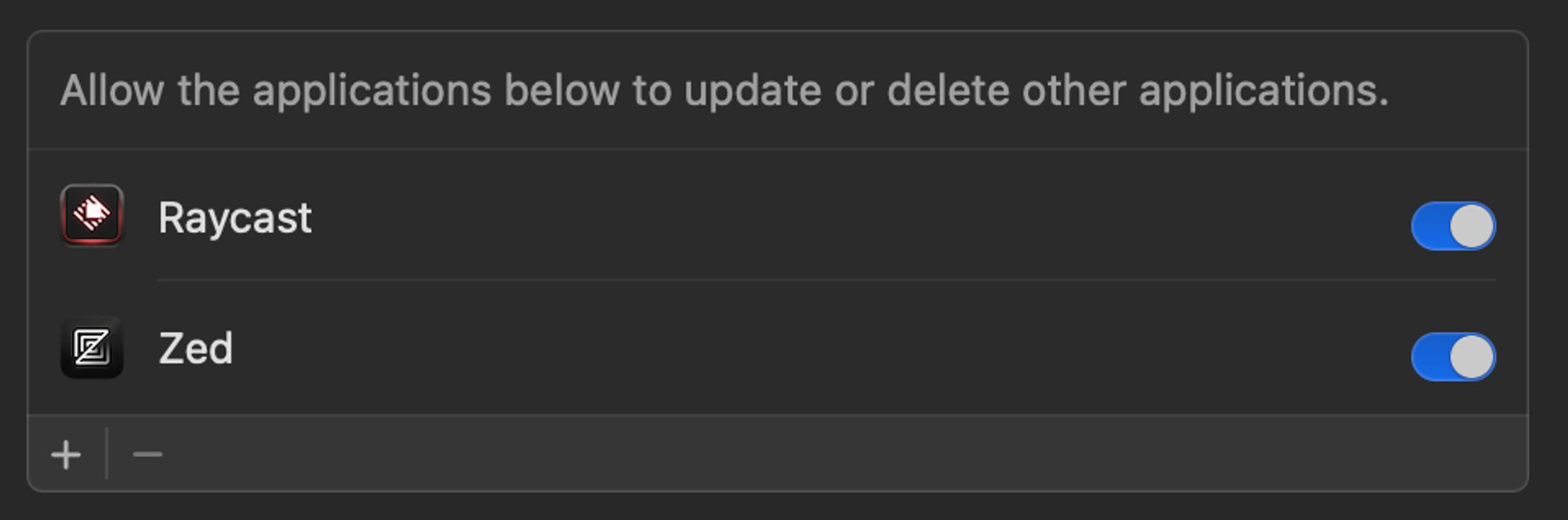 Screenshot of macOS security settings window showing Raycast and Zed applications with permission to update or delete other applications.