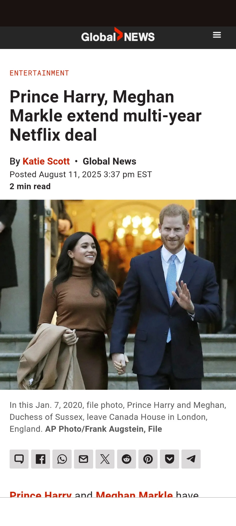 Meghan and Harry holding hands under a title saying they've extended their multi year deal with Netflix