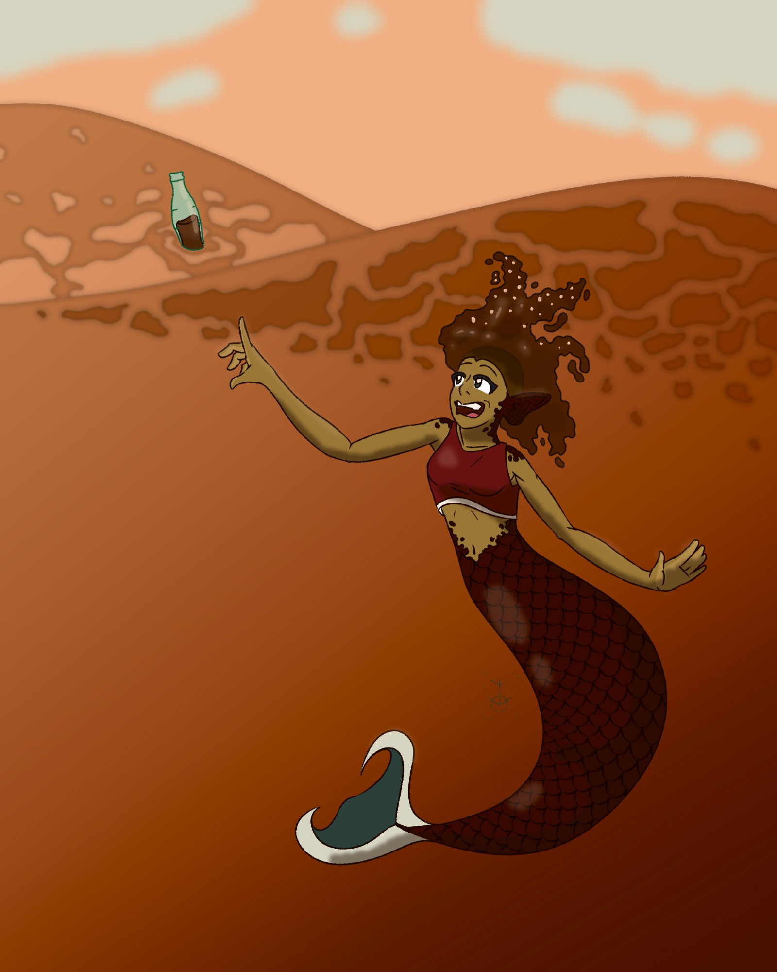 Illustration of a mermaid underneath the water. She is pointing happily toward a glass bottle of soda pop floating on the waves.