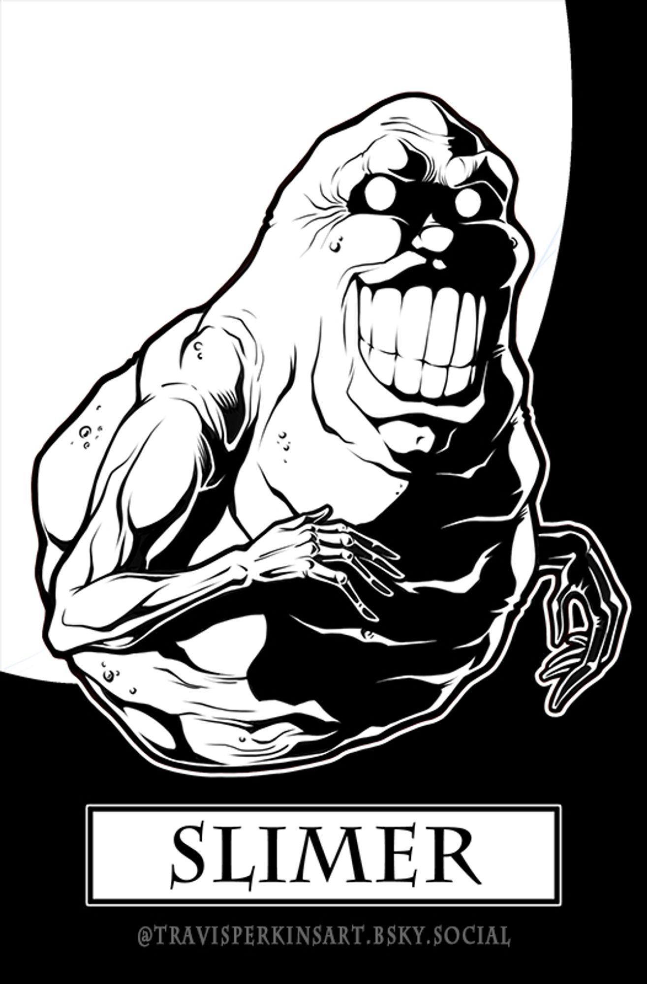 A black and white drawing of Slimer from Ghostbusters.