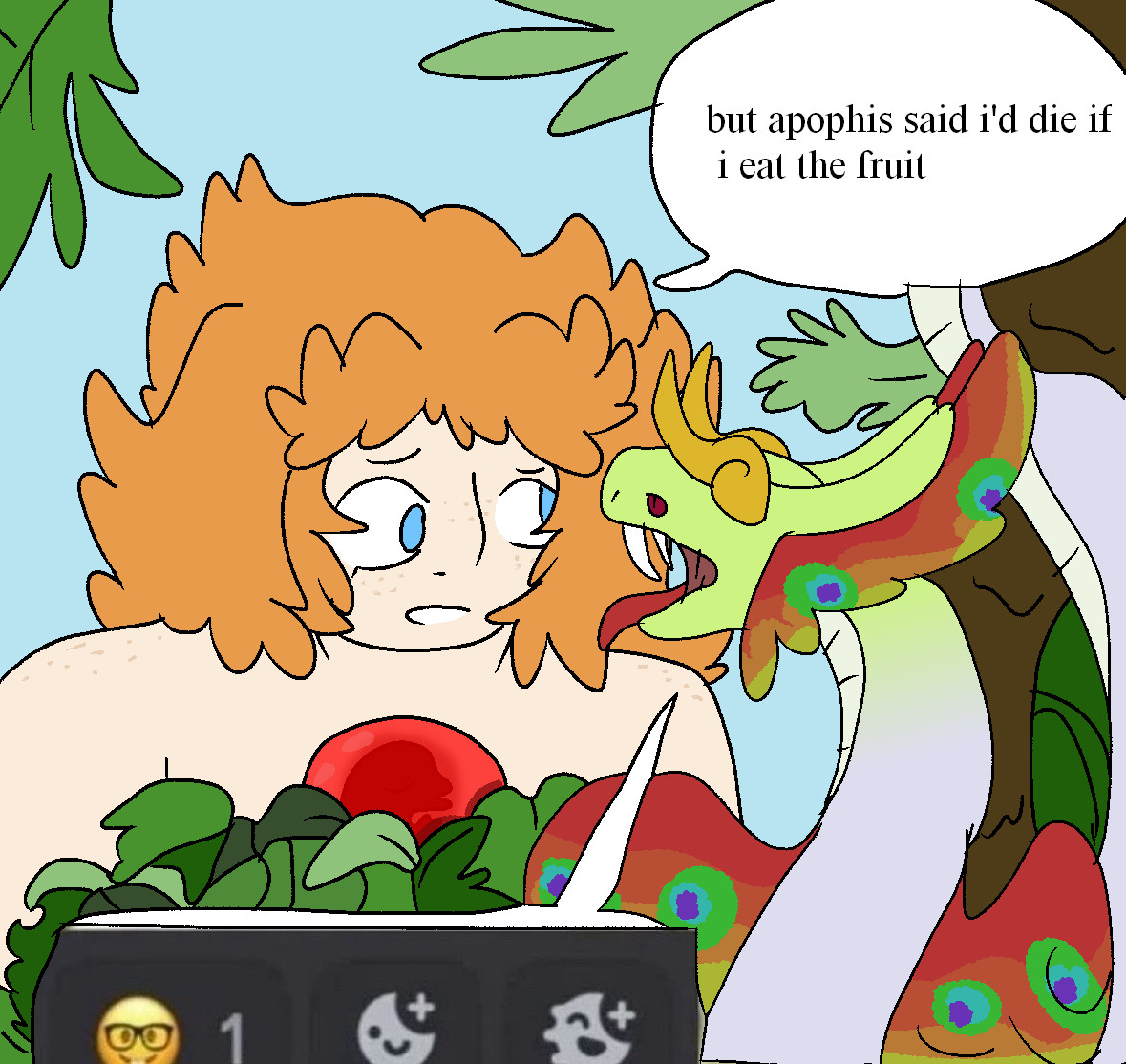 a meme redraw of eve talking to the snake but it is my friends bright rewrite and my feathered snake oc