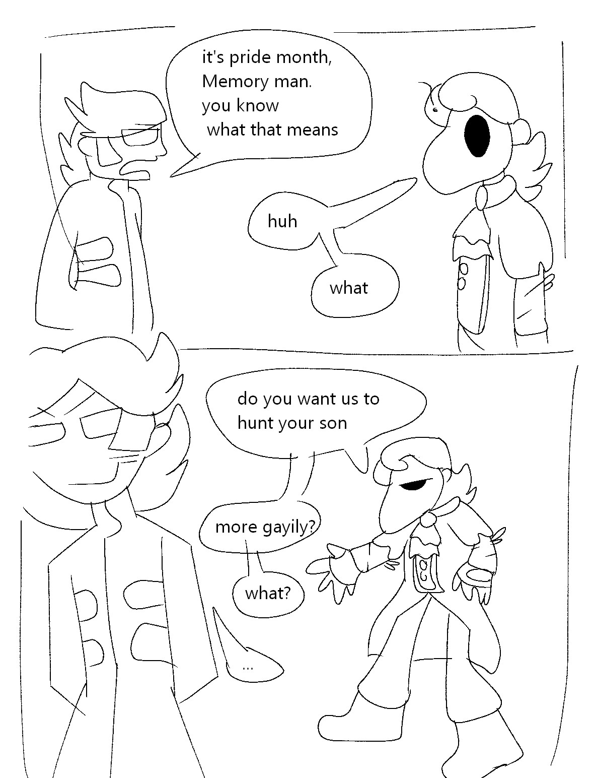 another HEROES QUEST comic, newtons father tells memory man it is pride month. memory man asks in confusion if he wants them to hunt his son more gayily