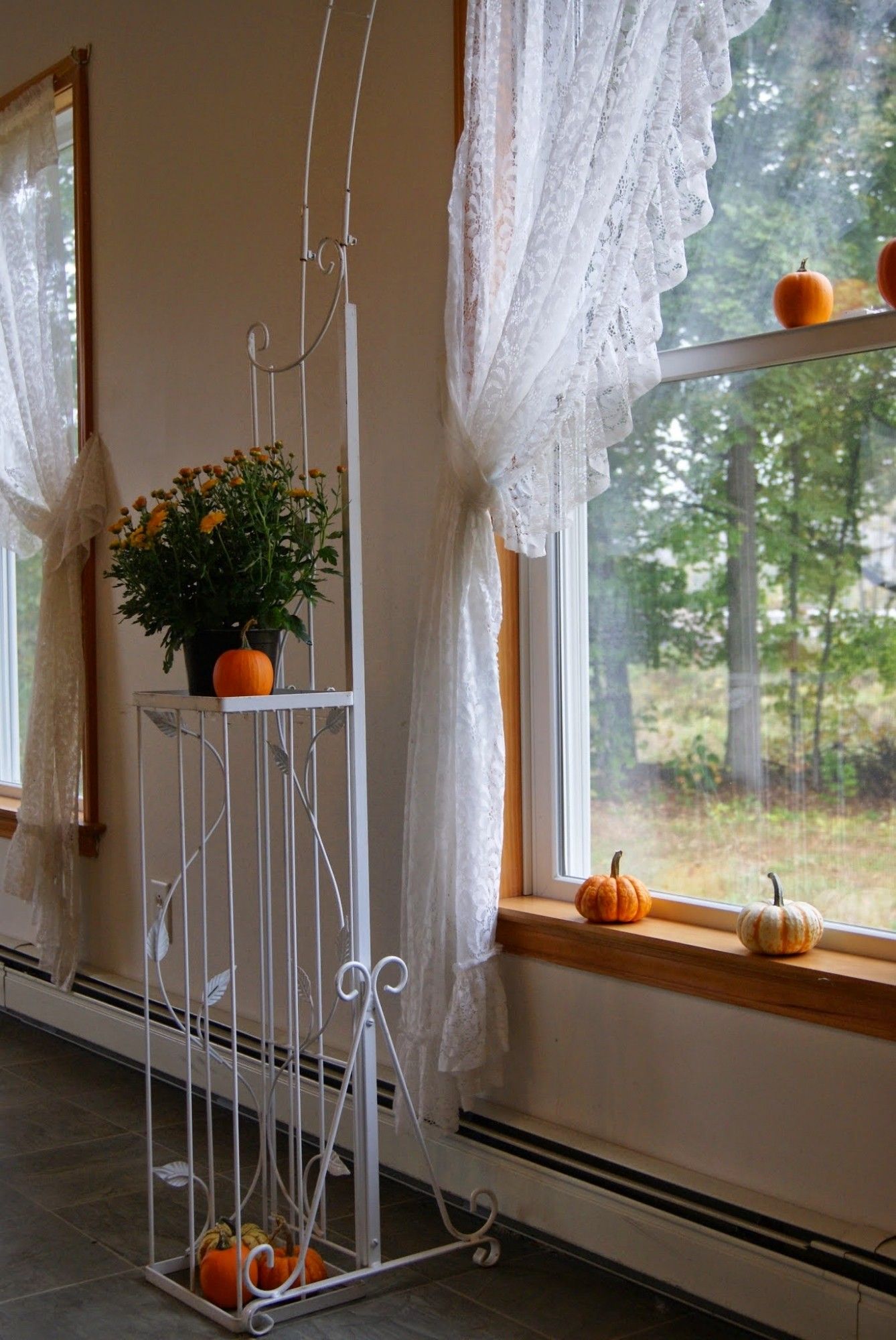 An interior shot showing a window with a lacy curtain, framed by a decorative wire arch. Small gourds are placed on the arch and windowsill, as well as a mum plant