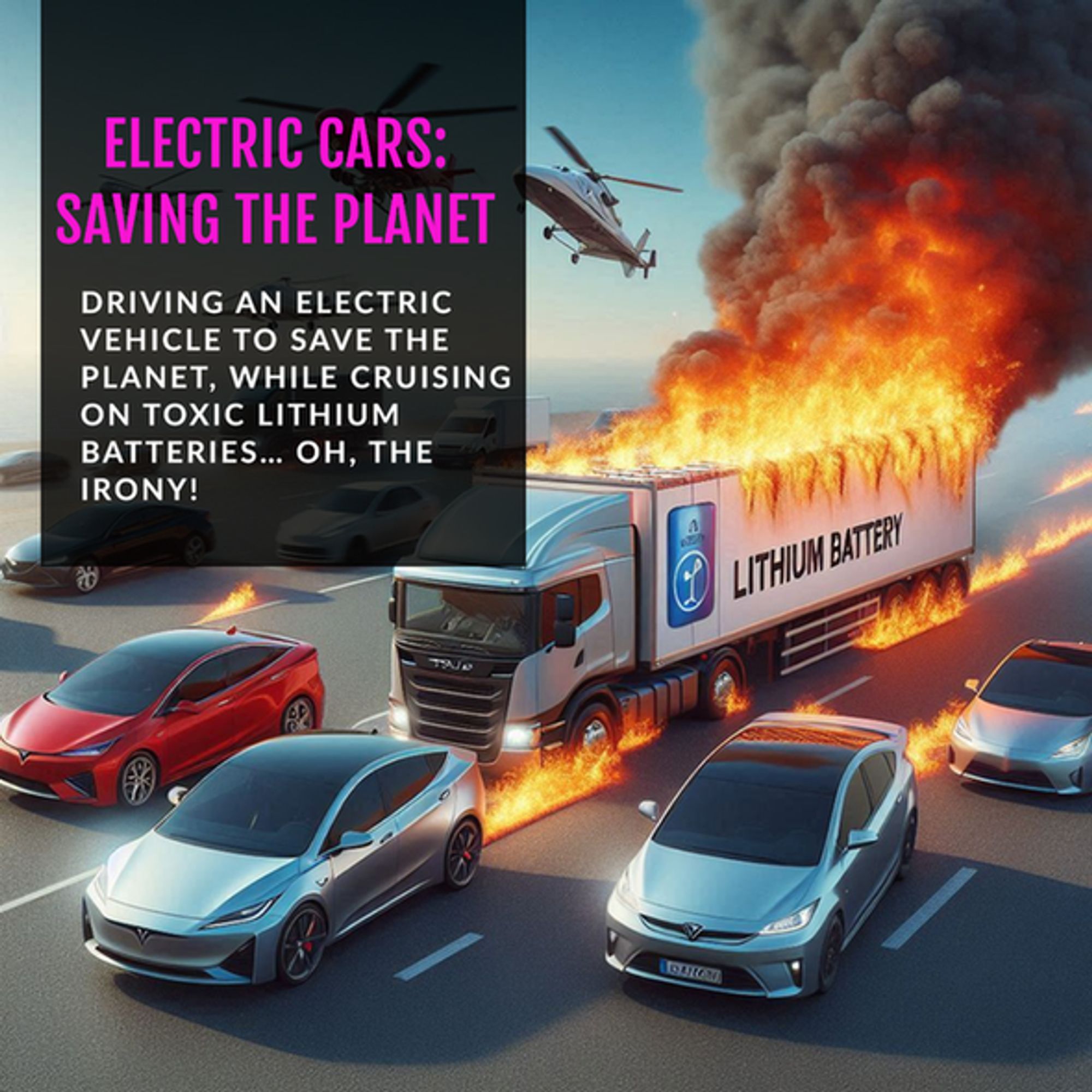 🌍🚗💨 Driving an electric vehicle to save the planet, while cruising on toxic lithium batteries… Oh, the irony! 😅   “Saving the environment one lithium battery at a time! Because nothing says ‘eco-friendly’ like mining toxic materials and setting them on fire. 🔥🔋” 