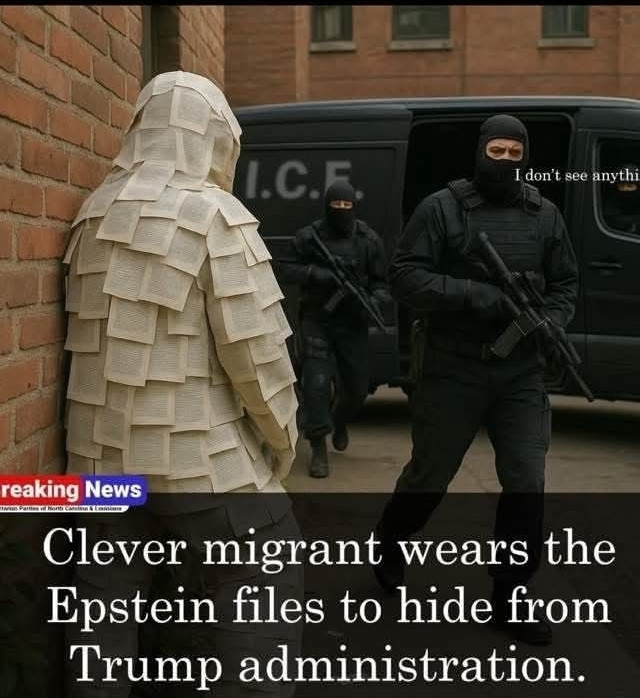 Picture of a person covered in papers covered in writing. 
Caption says: Clever migrant wears