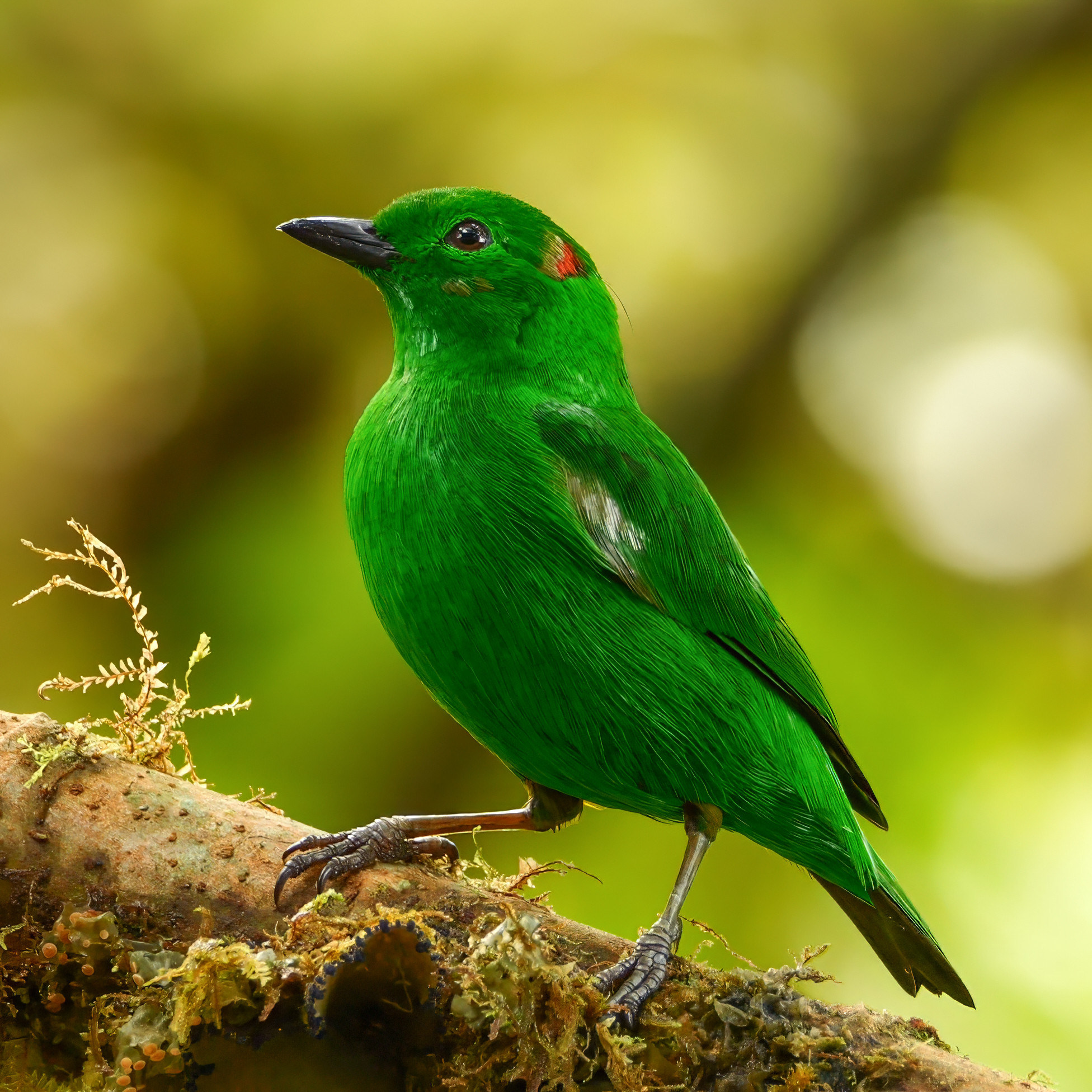 A small, colorful bird perched on a green branch. The bird has a bright, iridescent mix of green, orange, and brown feathers with distinct black and orange markings on its face and throat. Its long, thin beak is a soft pink color. The bird's head is adorned with unique, delicate black crest feathers that stand out against its vibrant body. Small droplets of water glisten on its feathers, adding a fresh, dewy look. The background is a smooth, blurred green, highlighting the bird's striking colors and fine details.