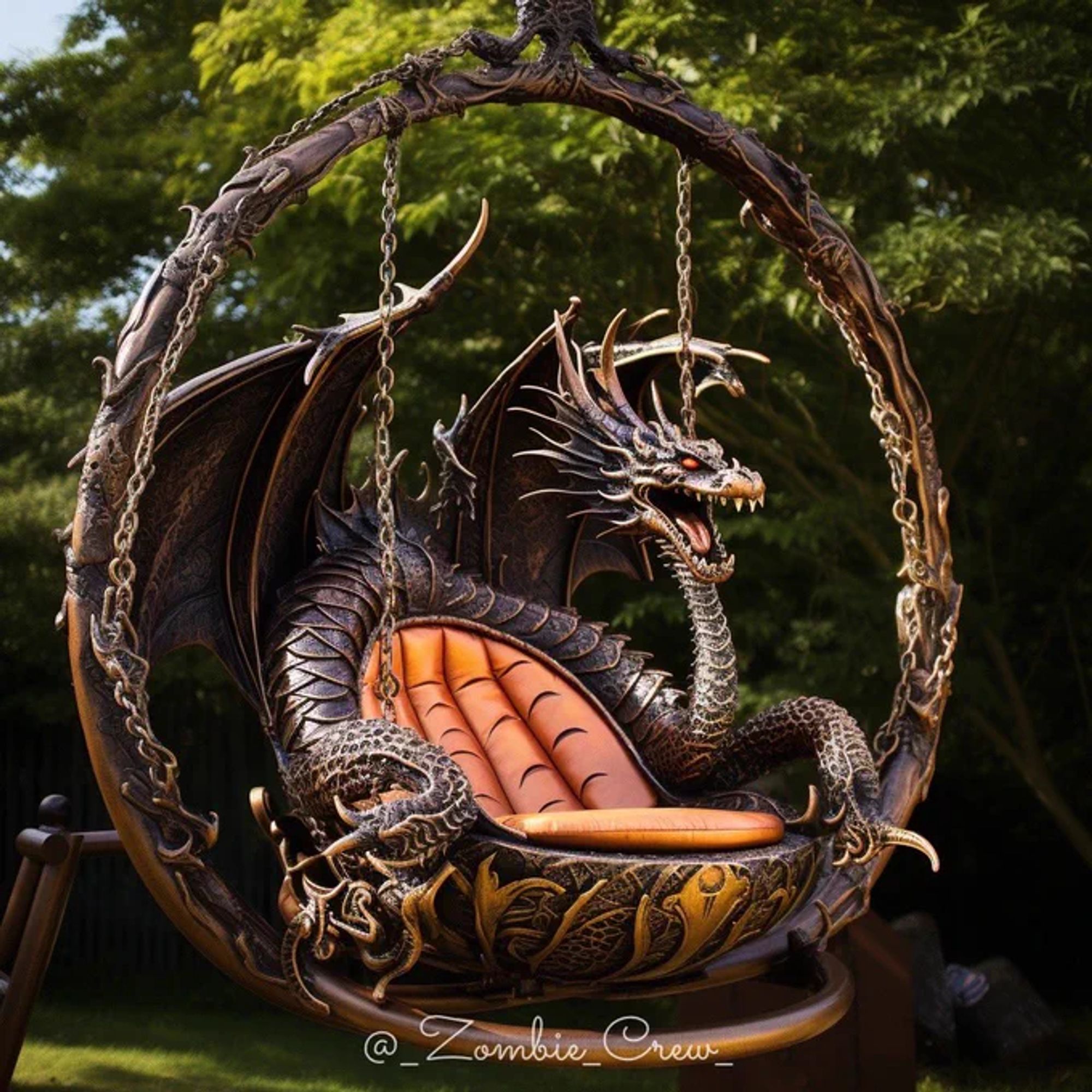 A swing that is wooden, round with brass looking chains, and has a carved dragon surrounding a seat. The dragon, chains, and seat look to be made of a light metal and painted to look really life-like.