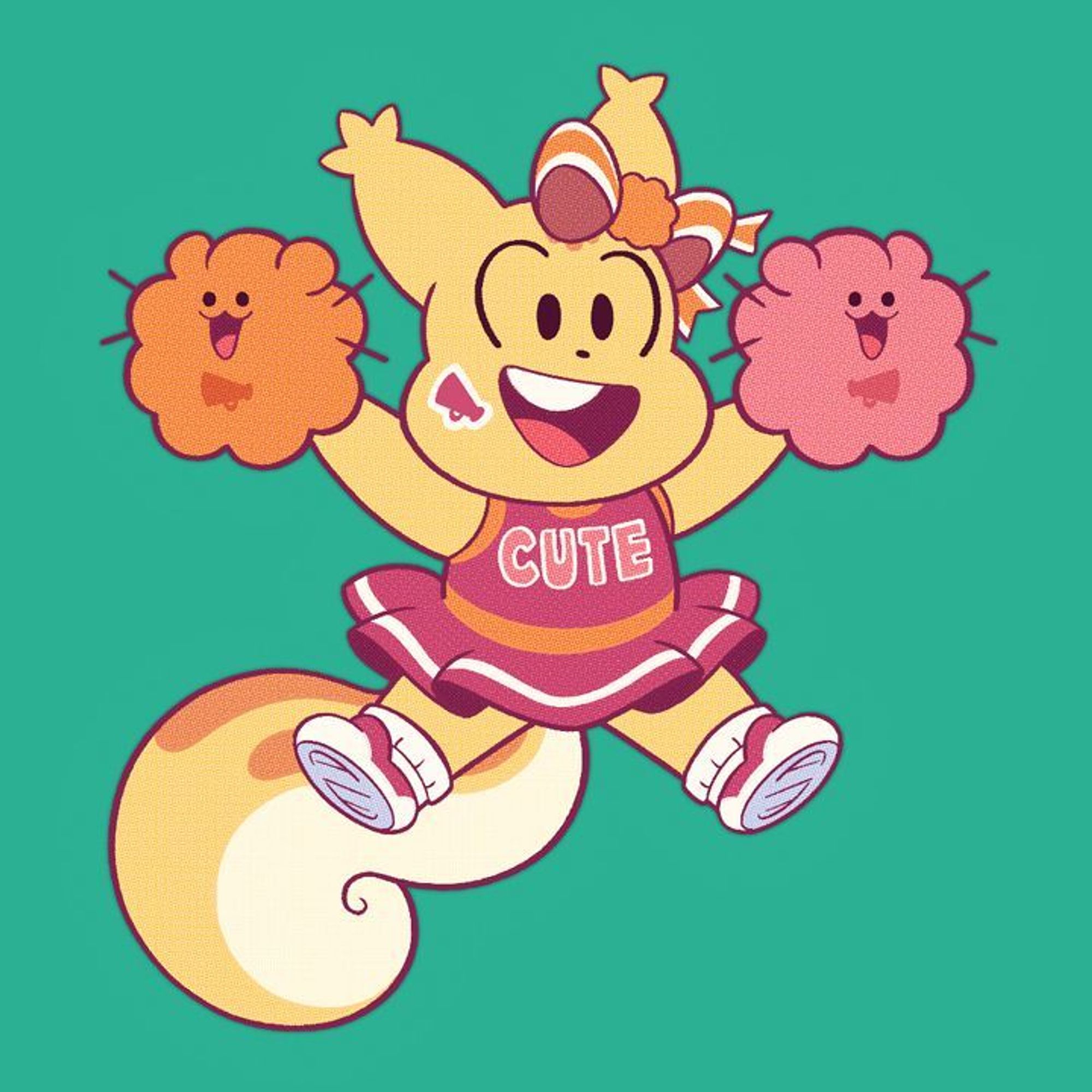 This is a part of a sticker set by artist Becky Dreistadt. Her character Geneva Chipmunk is wearing a cheerleader outfit that says CUTE and is using Bug Bug (and a friend) as pom poms!