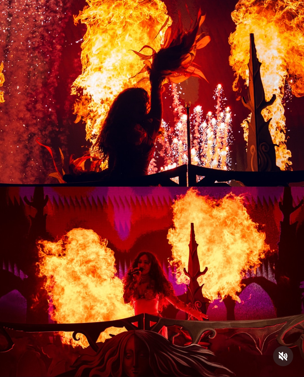 Chappell in a pink and orange flower costume with flames and fireworks behind her 