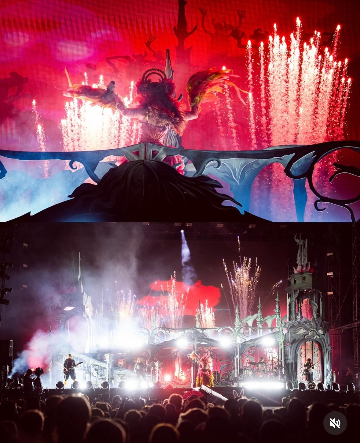 Chappell in a pink and orange flower costume with fireworks behind her 

Fireworks going off on stage 