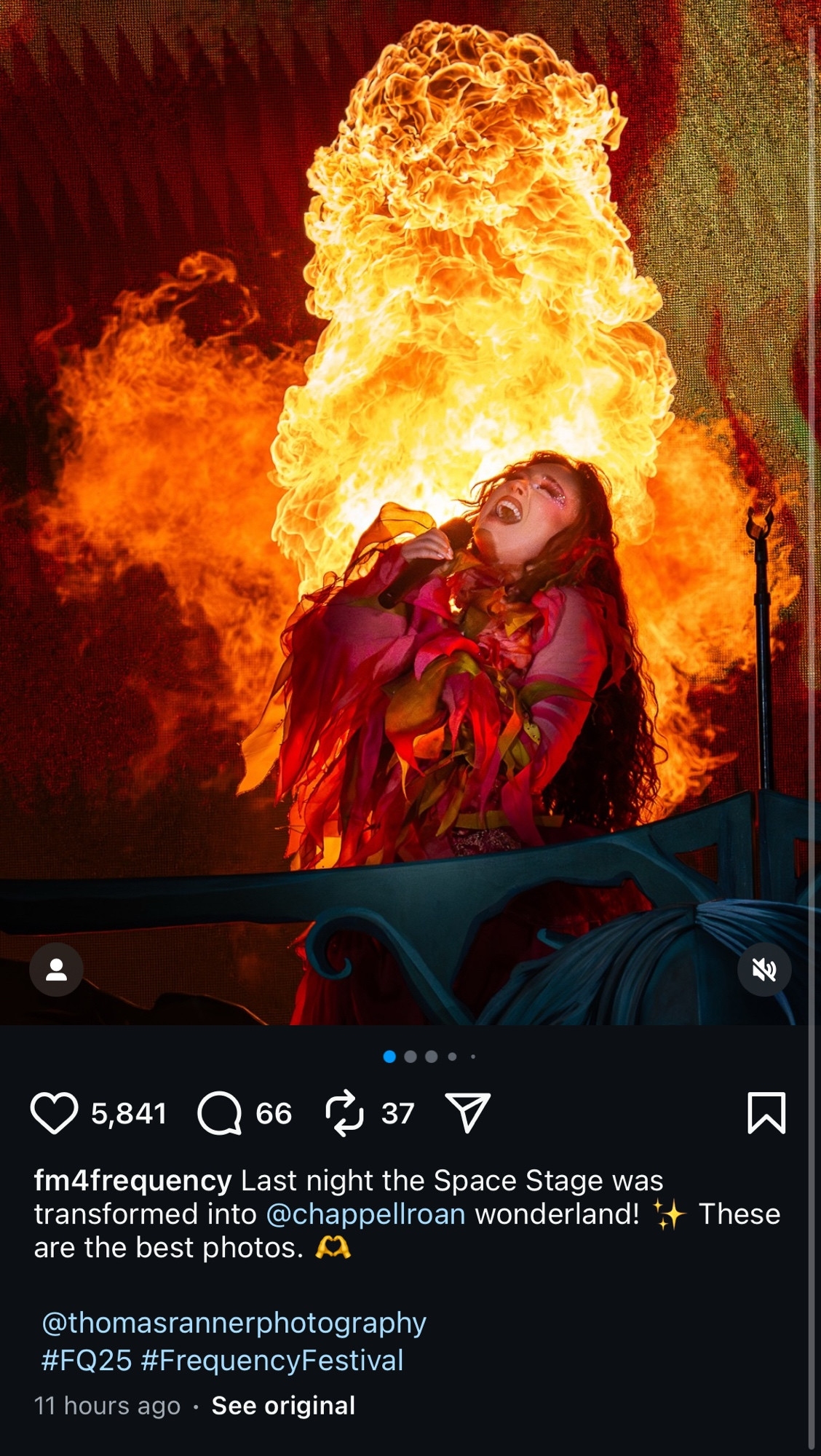 5,841
66
37
fm4frequency Last night the Space Stage was transformed into @chappellroan wonderland! * These are the best photos. a
@thomasrannerphotography
#FQ25 #FrequencyFestival
11 hours ago • See original

Chappell in a pink and orange flower costume with flame behind her 
