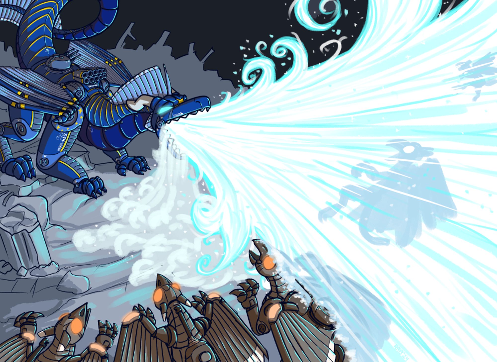 a robotic dragon breathes icy energy over a swarm of smaller gryphon robots