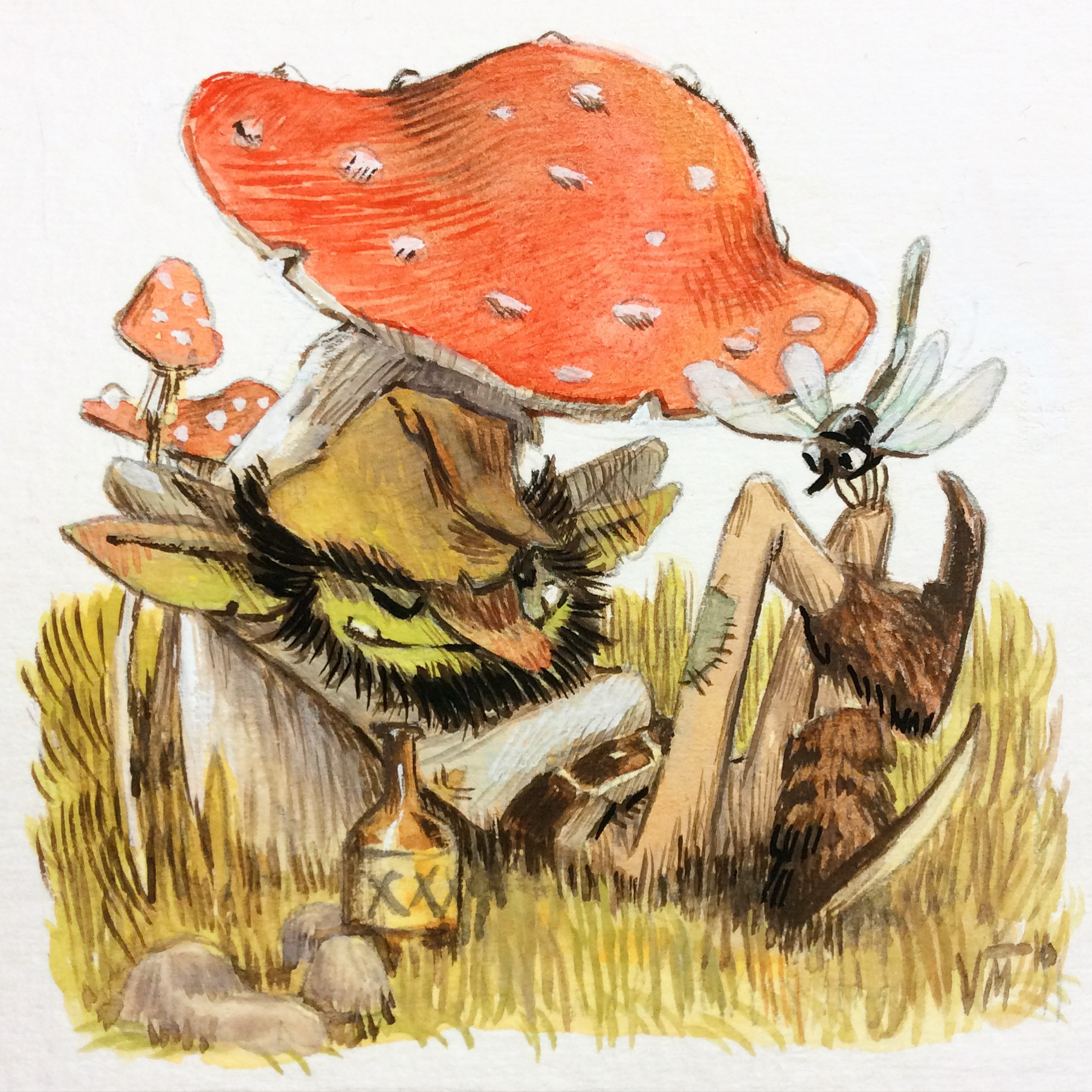 Painting of a goblin sleeping one off under a mushroom next to a bottle that reads XXX. A dragonfly stands on his knee.