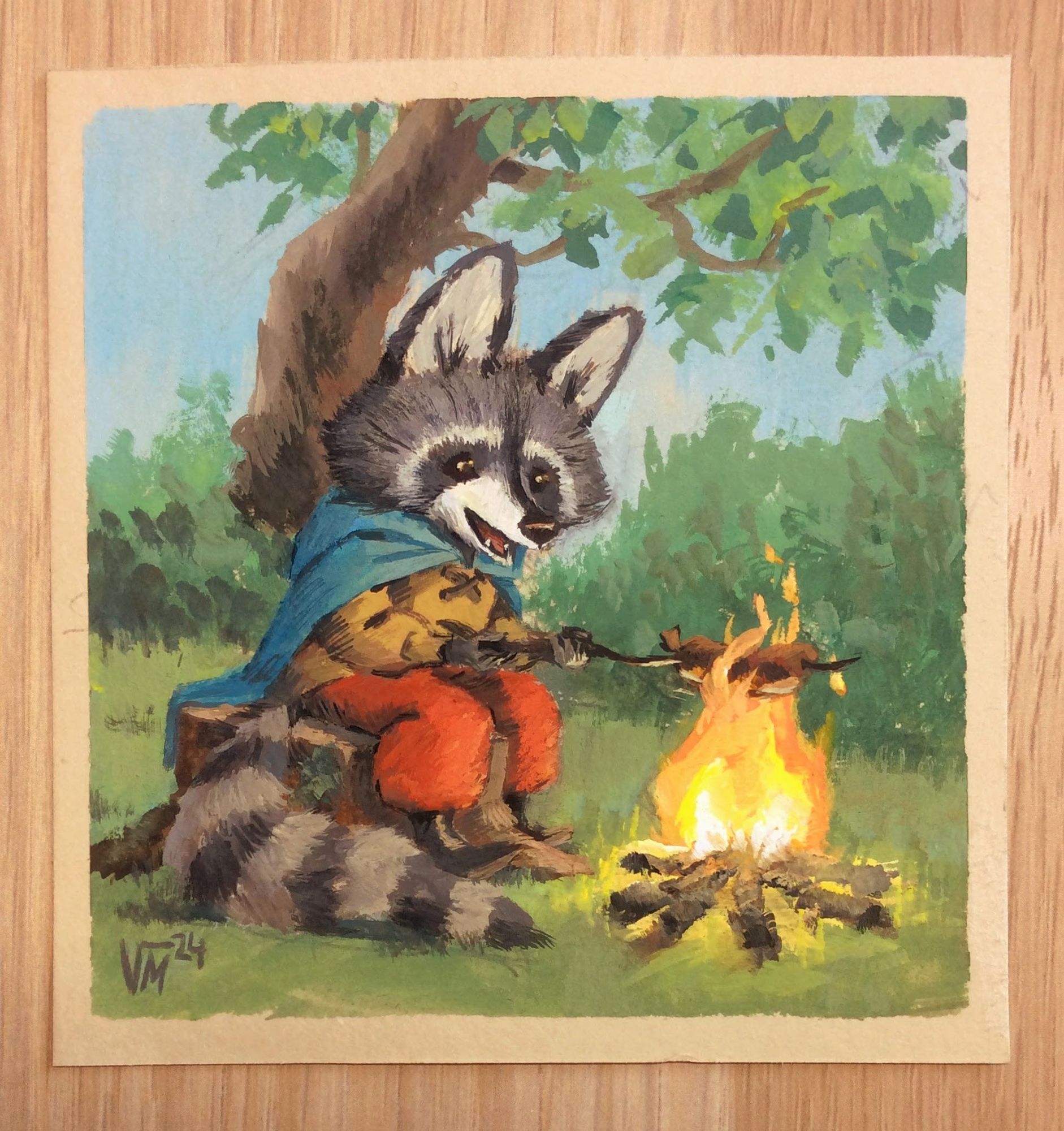 Painting of a raccoon roasting a sausage on a fire.