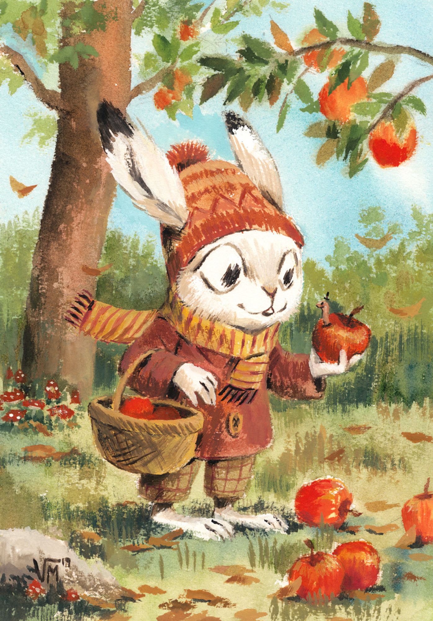 Painting of a bunny picking apples, a worm coming out of the one in their hand.