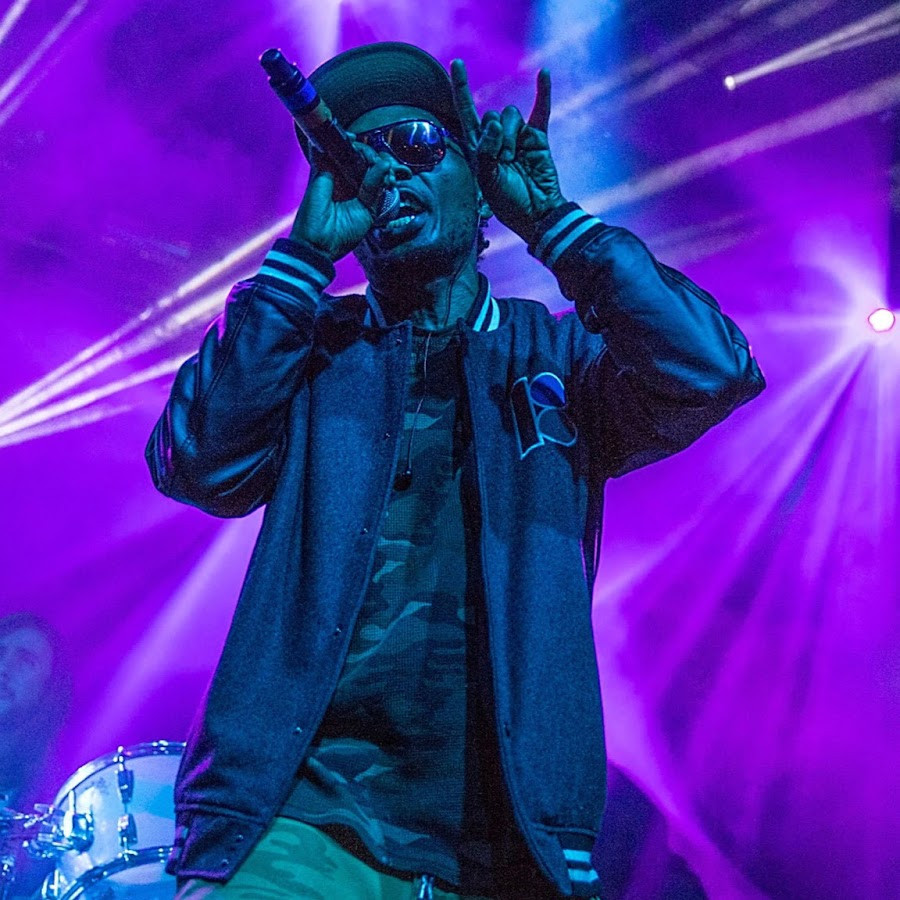 Del the Funky Homosapien is a Black man with short facial hair.  He wears a flat bill cap, large mirrored sunglasses, a dark jacket, a green, black and tan camouflage shirt and dark green and olive green camouflage pants.  He holds a microphone to his mouth with his right hand and holds his left hand up near his face, with his thumb holding down the middle and ring fingers and his pointer and pinky fingers extended.  He is bathed in purple stage lights behind him and a drum and person are visible during a performance.