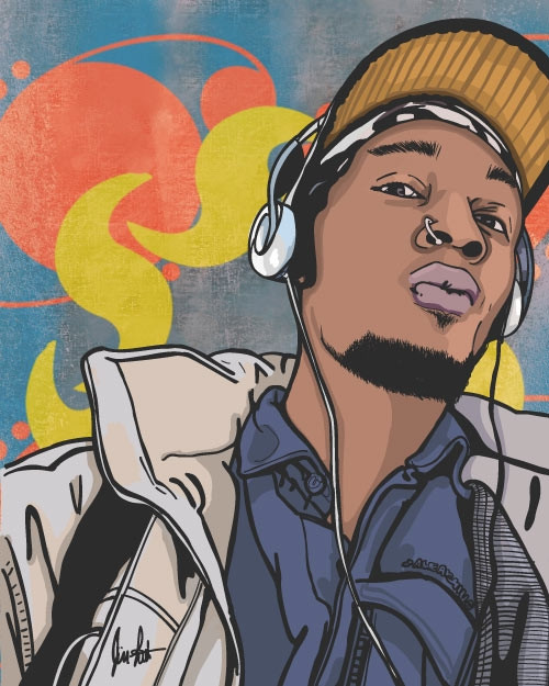 An animated drawing of Del the Funky Homosapien, a Black man with short chin scruff and a nose ring.  He wears a flat bill cap, bandana, over the ear headphones, a tan jacket and blue button down shirt.  Behind him is a wall with blue, gray, orange and yellow artwork.