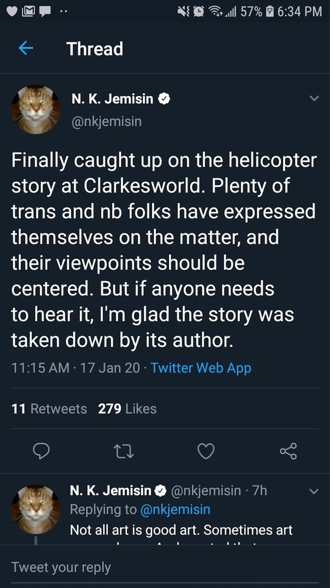 Finally caught up on the helicopter story at Clarkesworld. Plenty of trans and nb folks have expressed themselves on the matter, and their viewpoints should be centered. But if anyone needs to hear it, I'm glad the story was taken down by its author.