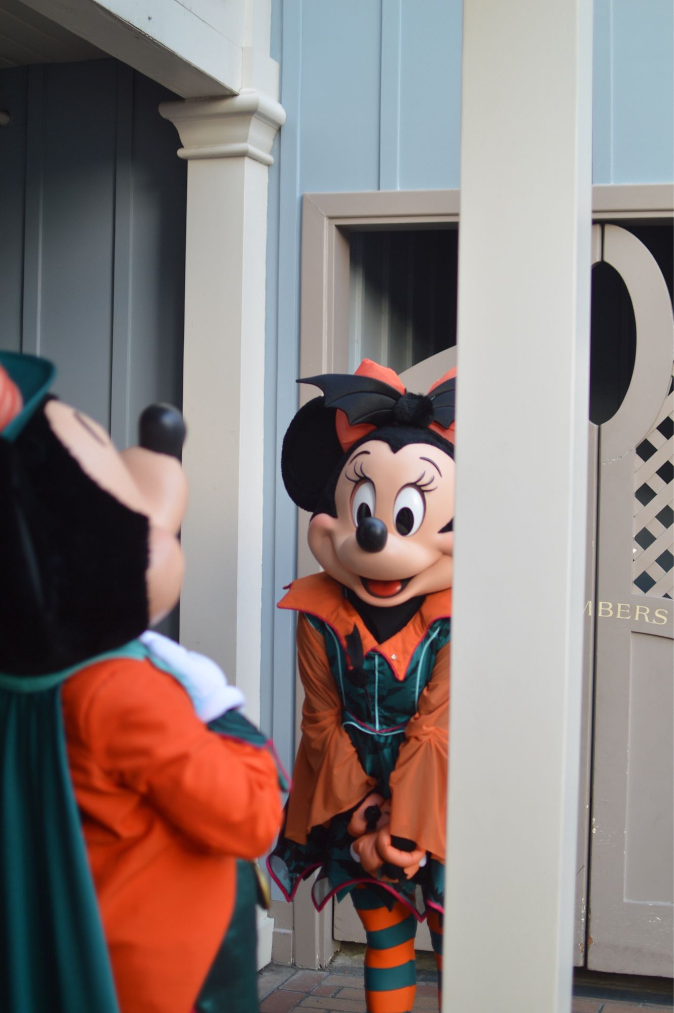 Mickey et Minnie Mouse dans leur tenues d’Halloween orange et bleu