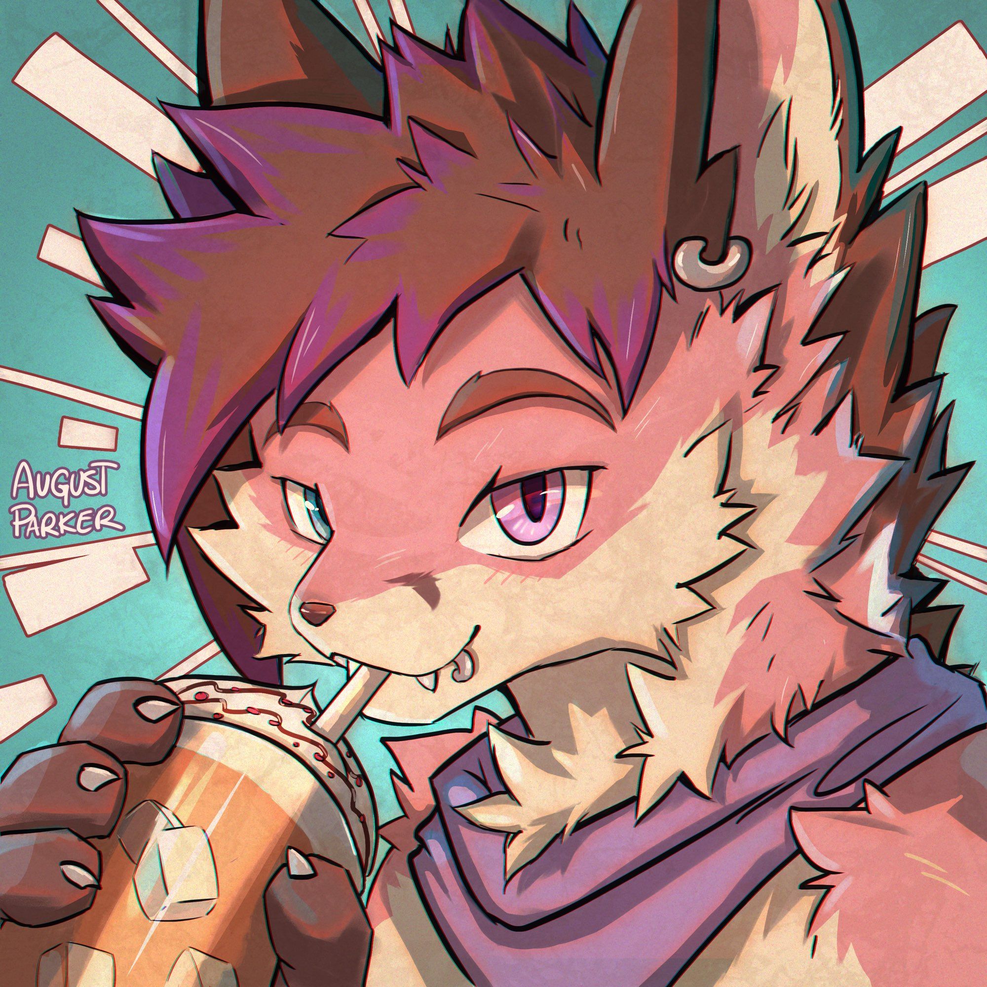 Art of my fursona August, a pink and cream colored fox with brown hair and purple highlights, taking a big sip of an iced peppermint mocha.