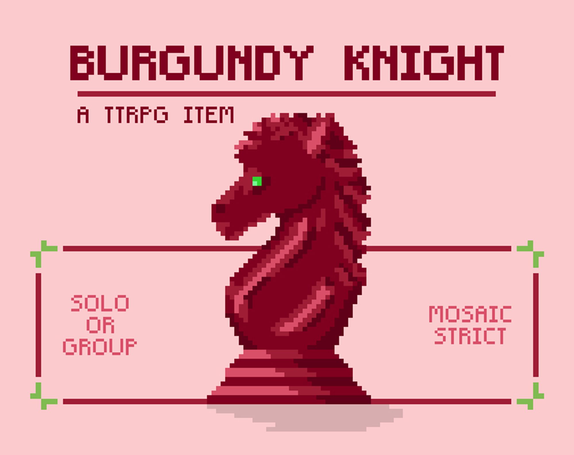 The Burgundy Knight promo art, featuring a burgundy coloured pixel art chess knight.