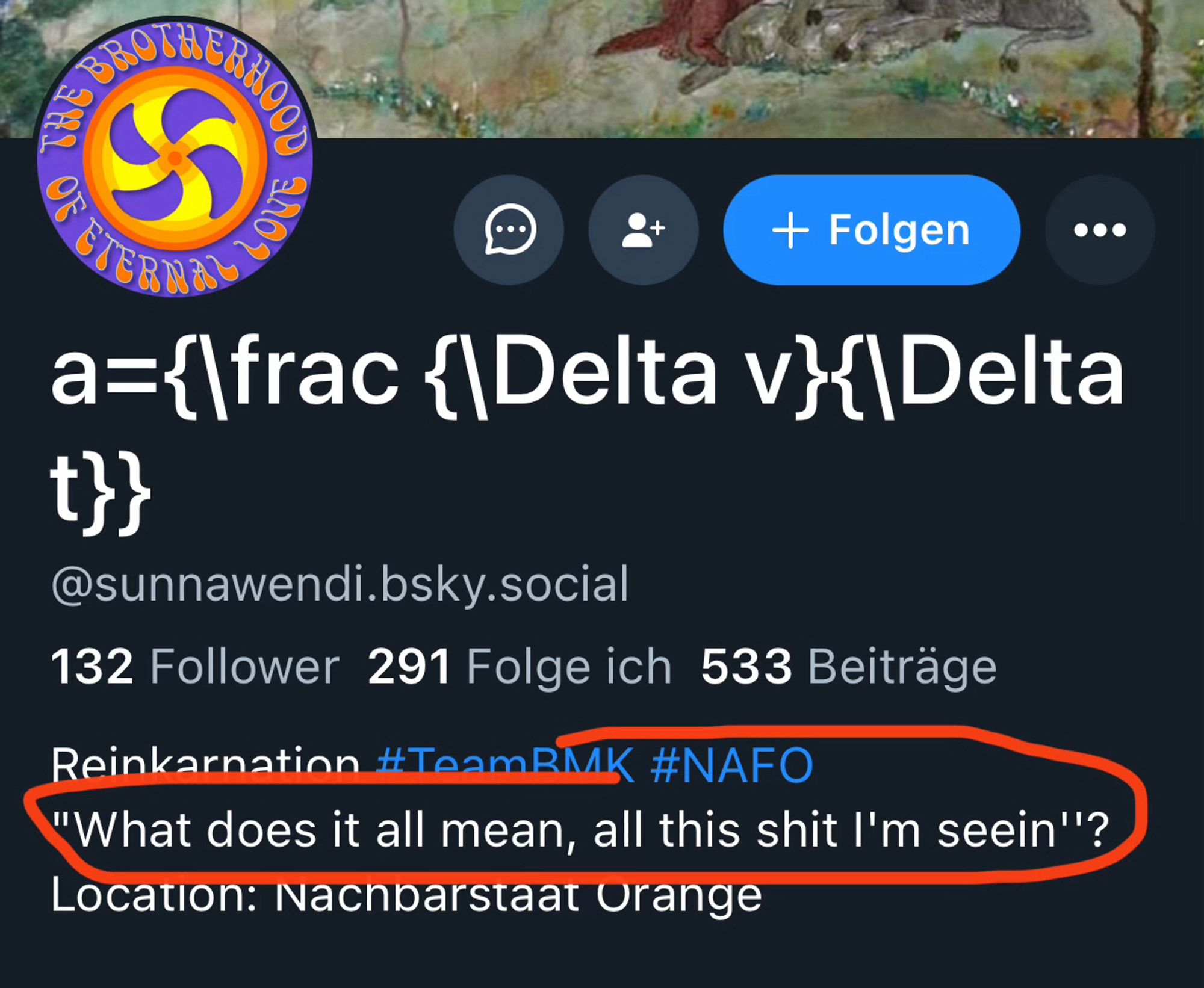 Header des Accounts @sunnawendi.bsky.social. In seiner Bio steht: „Reinkarnation #TeamBMK #NAFO
"What does it all mean, all this shit I'm seein"?
Location: Nachbarstaat Orange“. Ein Teil davon ist rot eingekreis