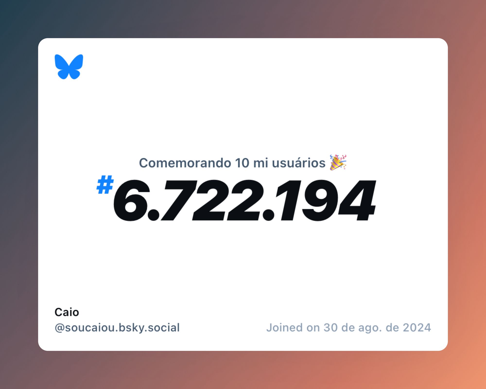 Um certificado virtual com o texto "Comemorando 10 milhões de usuários no Bluesky, #6.722.194, Caio ‪@soucaiou.bsky.social‬, ingressou em 30 de ago. de 2024"