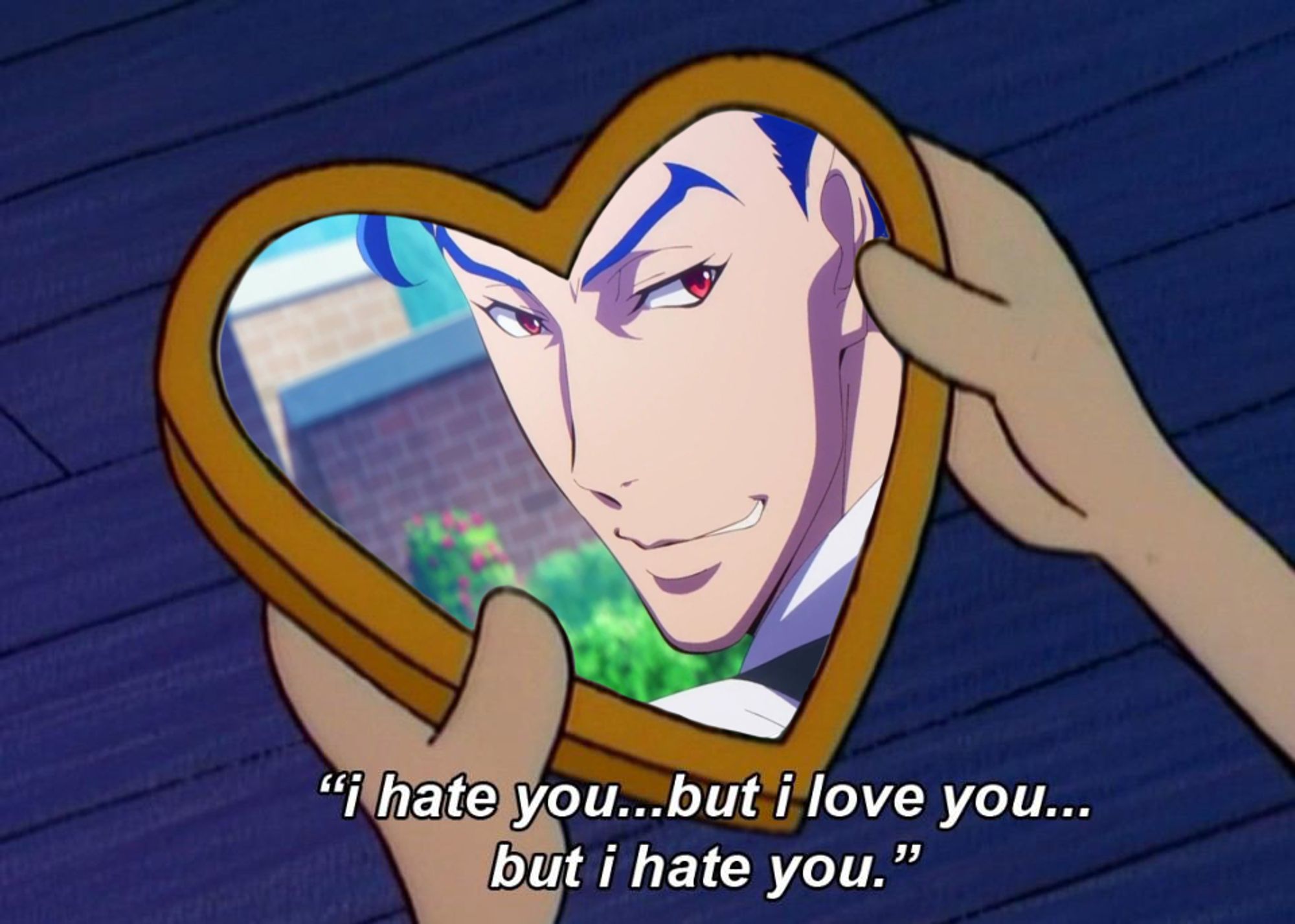 the "I hate..but I love you...but I hate you" me from the show Hey Arnold. A heartshaped picture frame with sassy Ainosuke Shindo from sk8 the Infinity